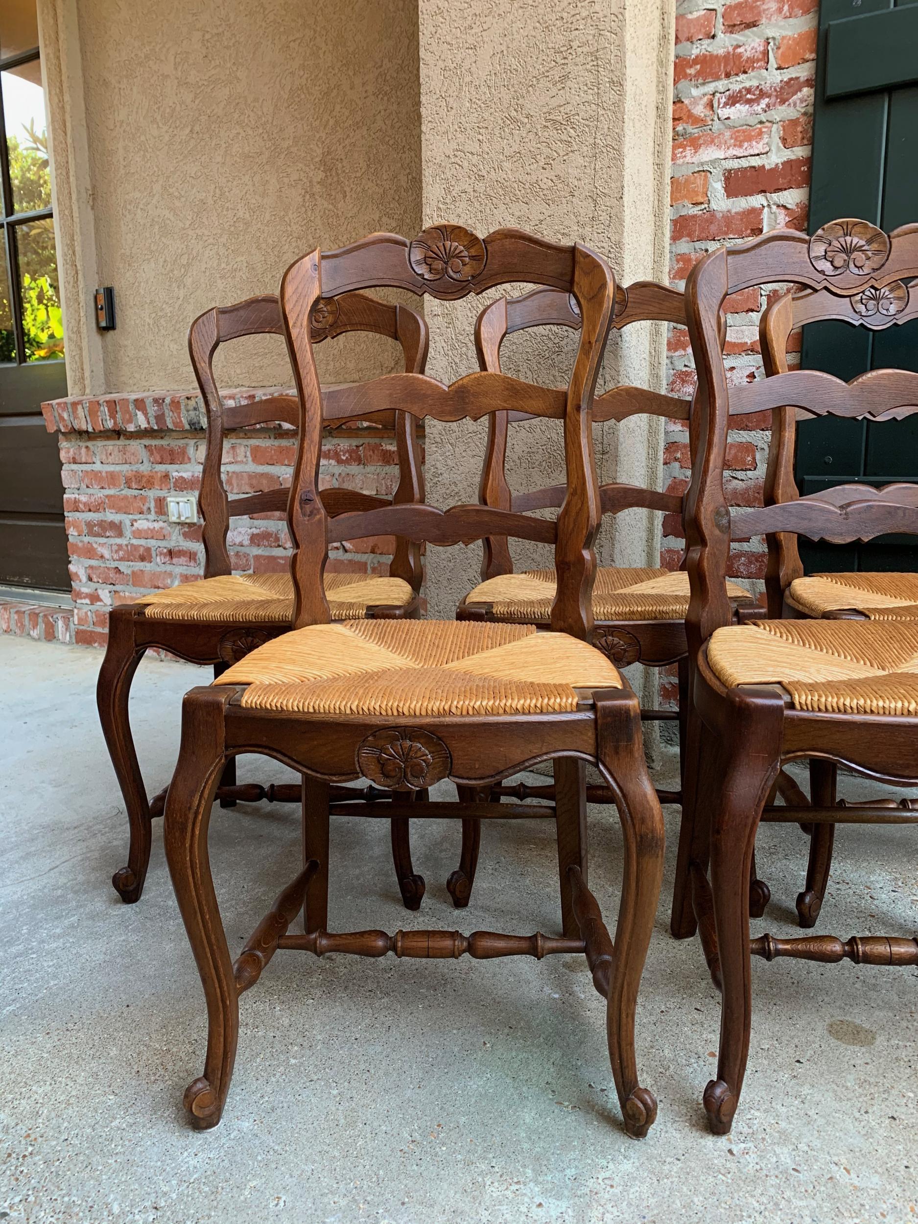 Set of 5 Antique French Country Carved Oak Ladder Back Dining Chair Rush Seat 7
