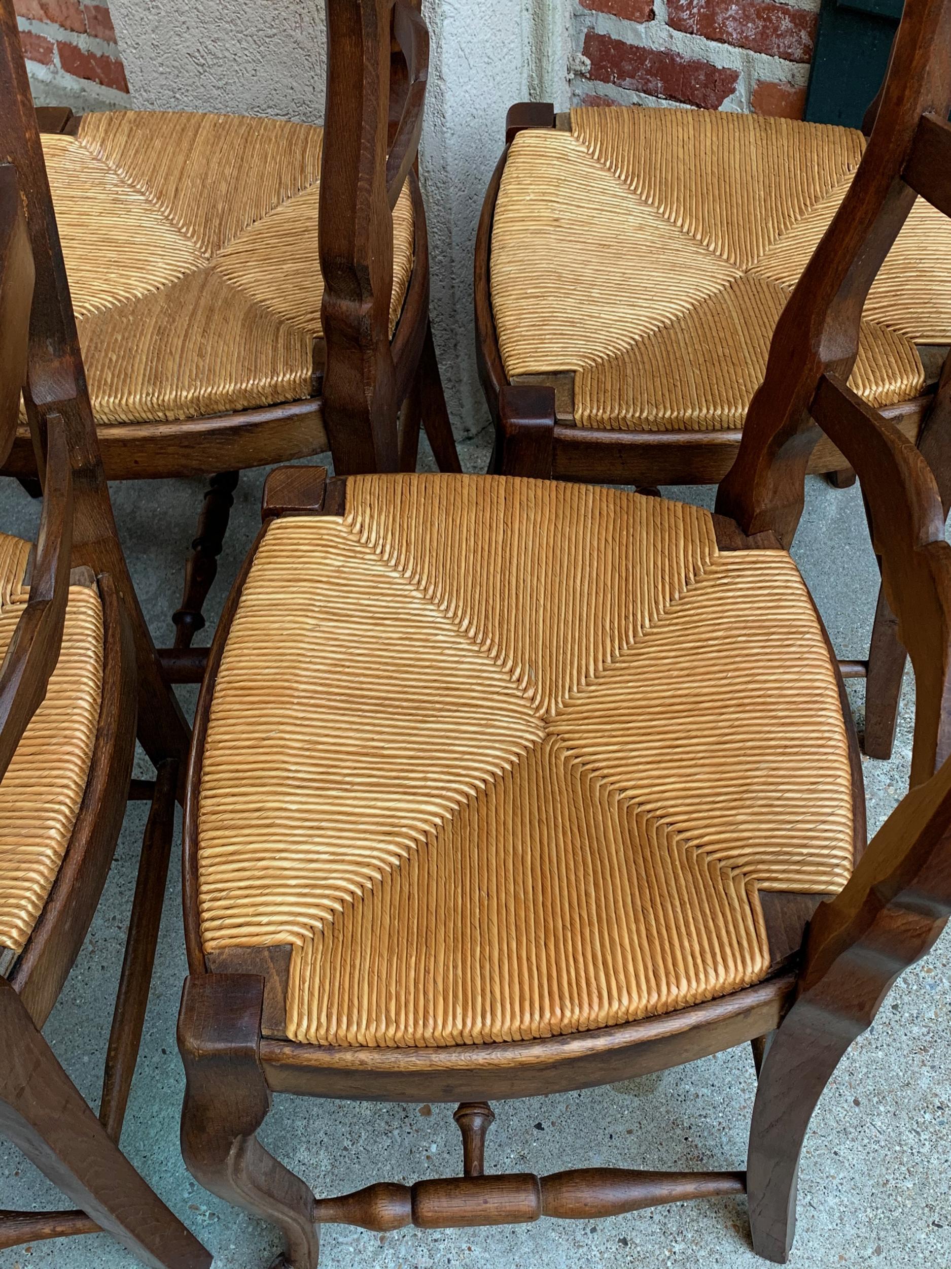 Set of 5 Antique French Country Carved Oak Ladder Back Dining Chair Rush Seat 9