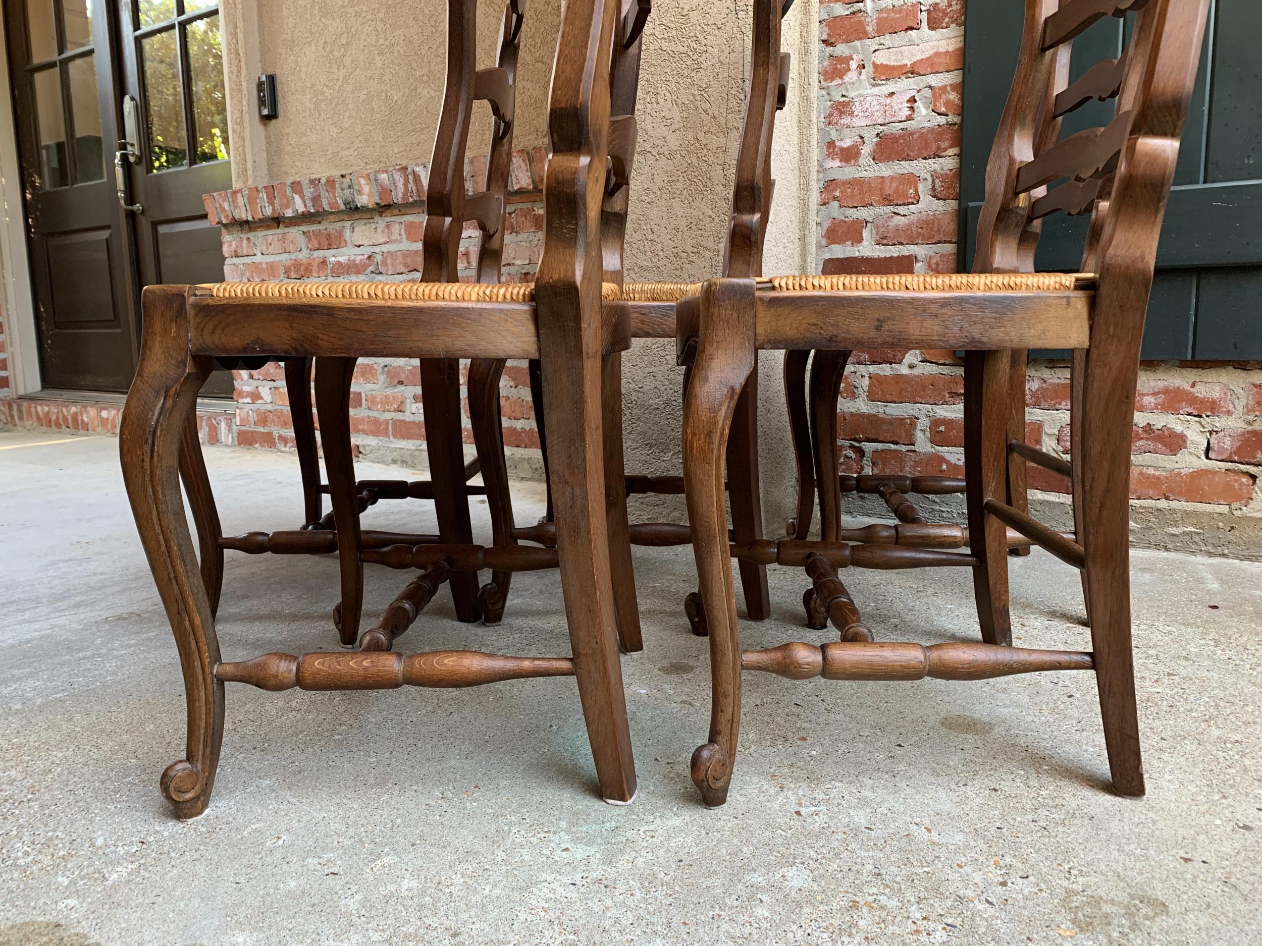 Set of 5 Antique French Country Carved Oak Ladder Back Dining Chair Rush Seat 10