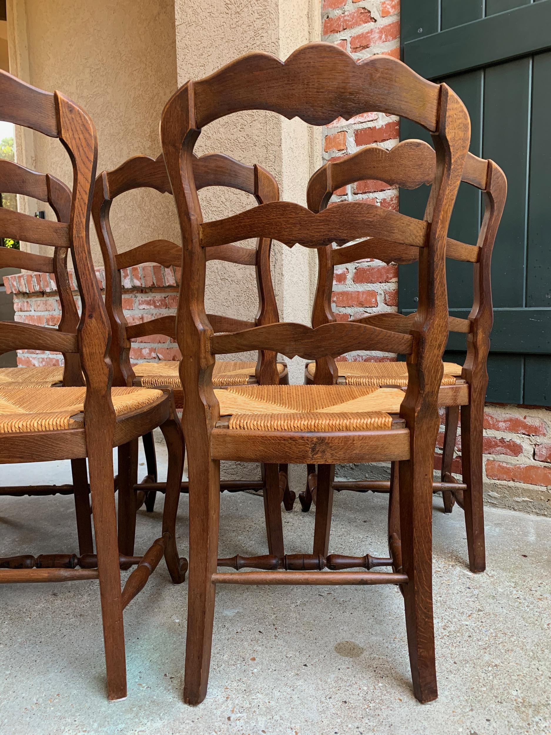 Set of 5 Antique French Country Carved Oak Ladder Back Dining Chair Rush Seat 11