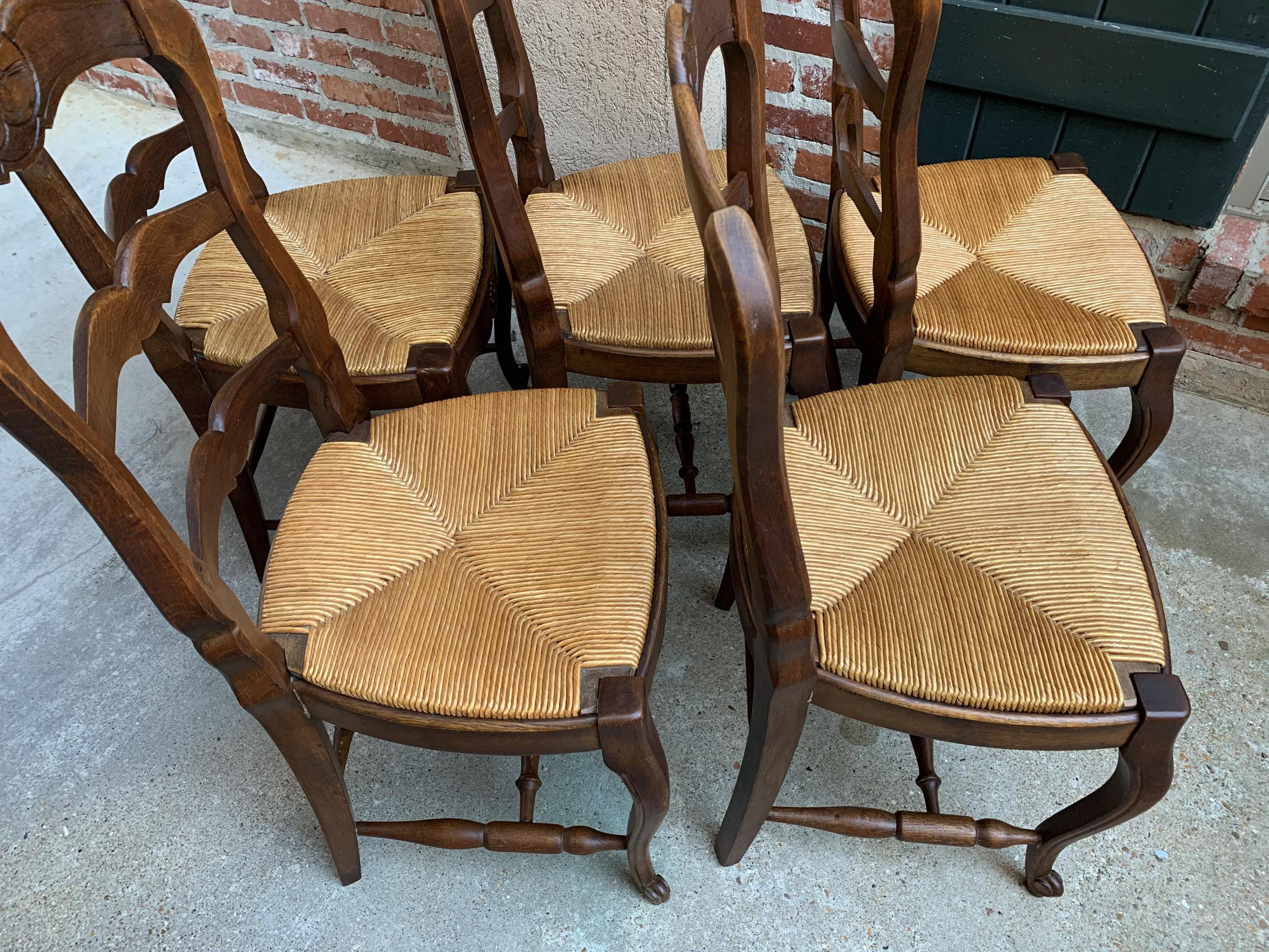 Louis XV Set of 5 Antique French Country Carved Oak Ladder Back Dining Chair Rush Seat