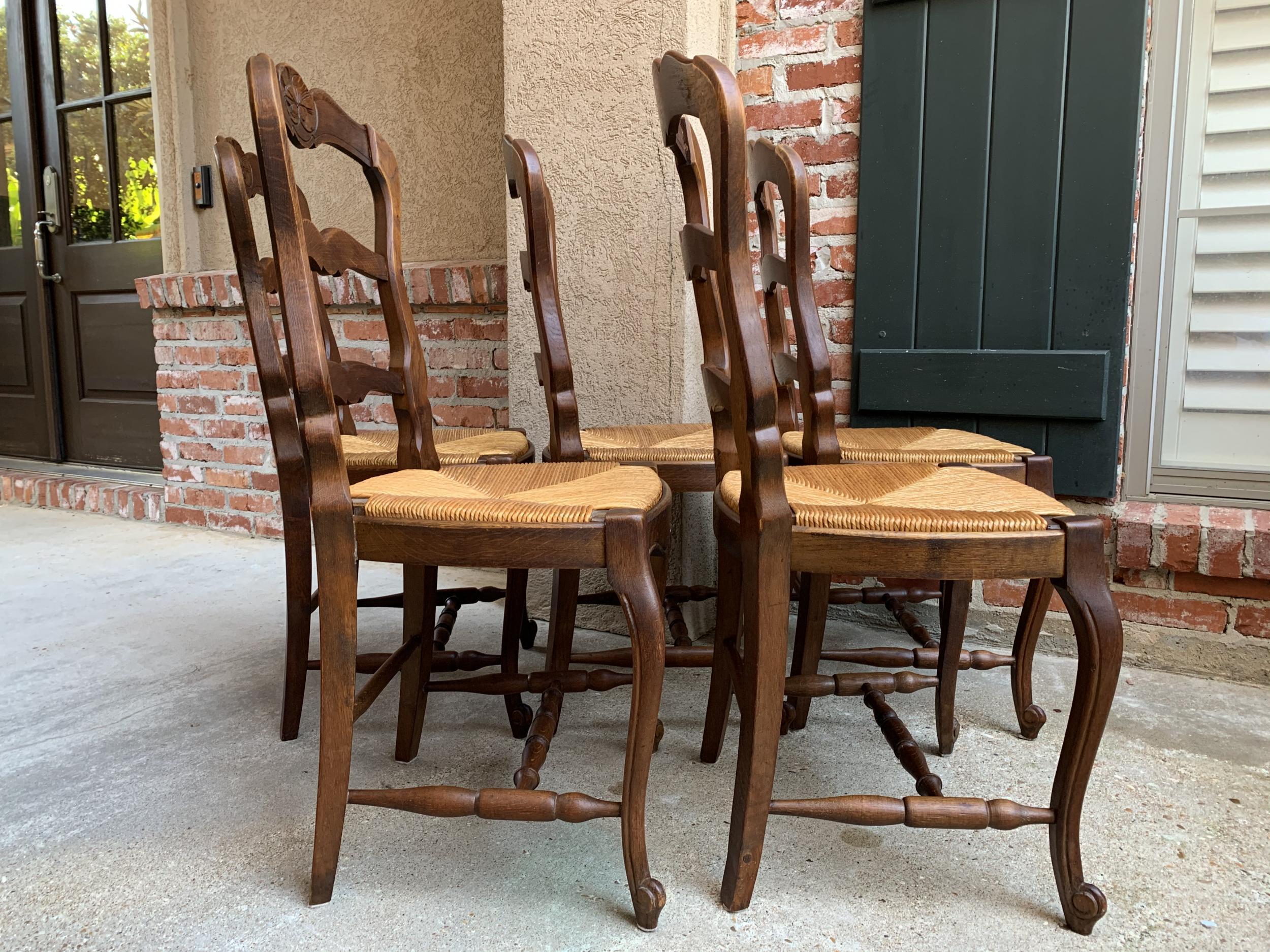 20th Century Set of 5 Antique French Country Carved Oak Ladder Back Dining Chair Rush Seat