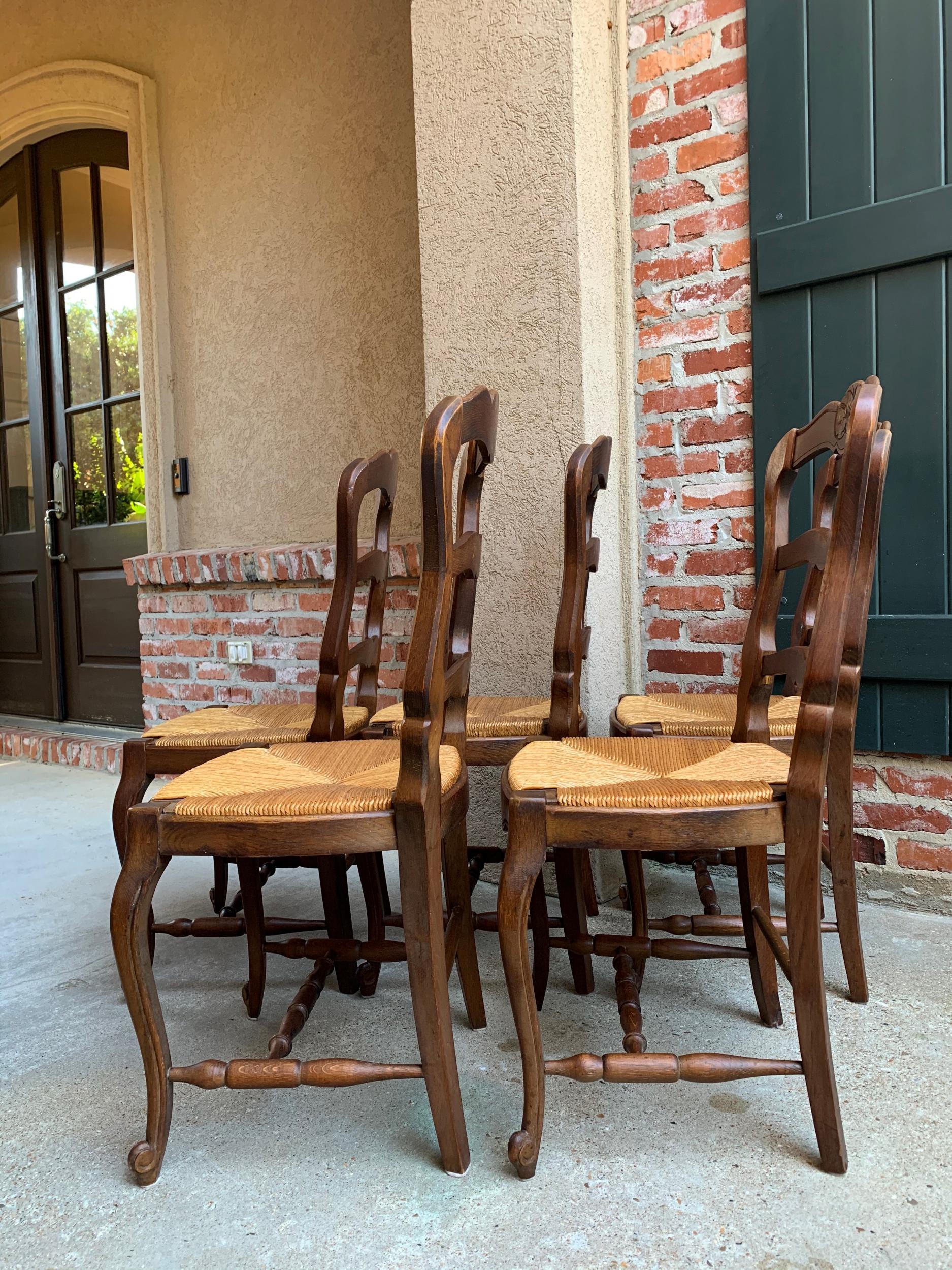 Set of 5 Antique French Country Carved Oak Ladder Back Dining Chair Rush Seat 1