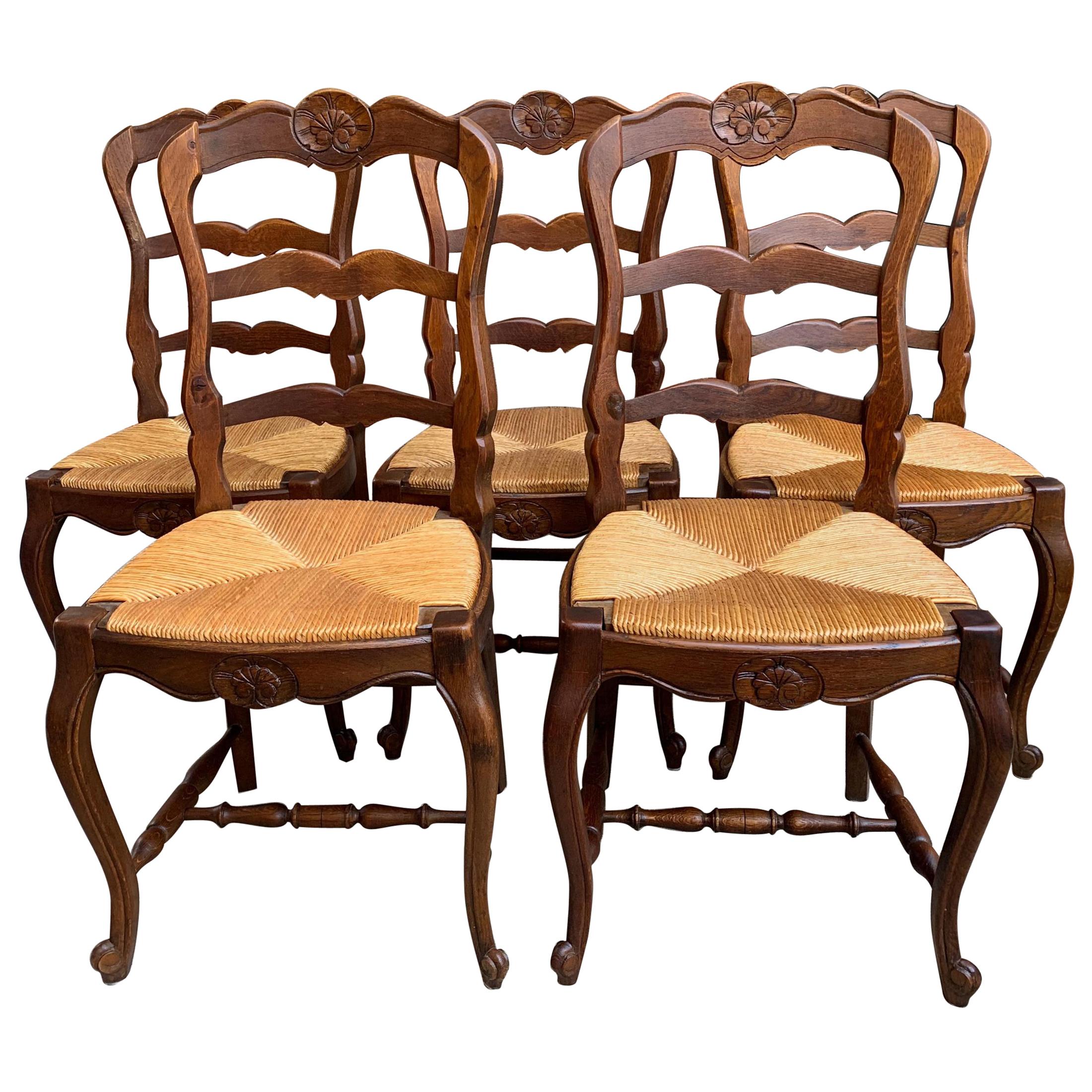 Set of 5 Antique French Country Carved Oak Ladder Back Dining Chair Rush Seat