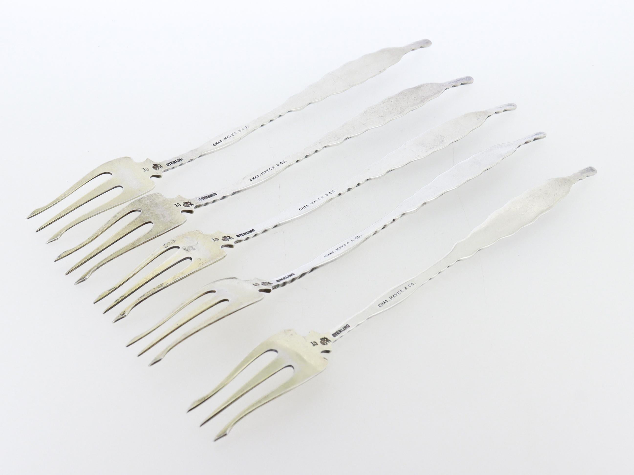 Argento 925 Set di 5 forchette da cocktail in argento antico Whiting A. Silver in vendita