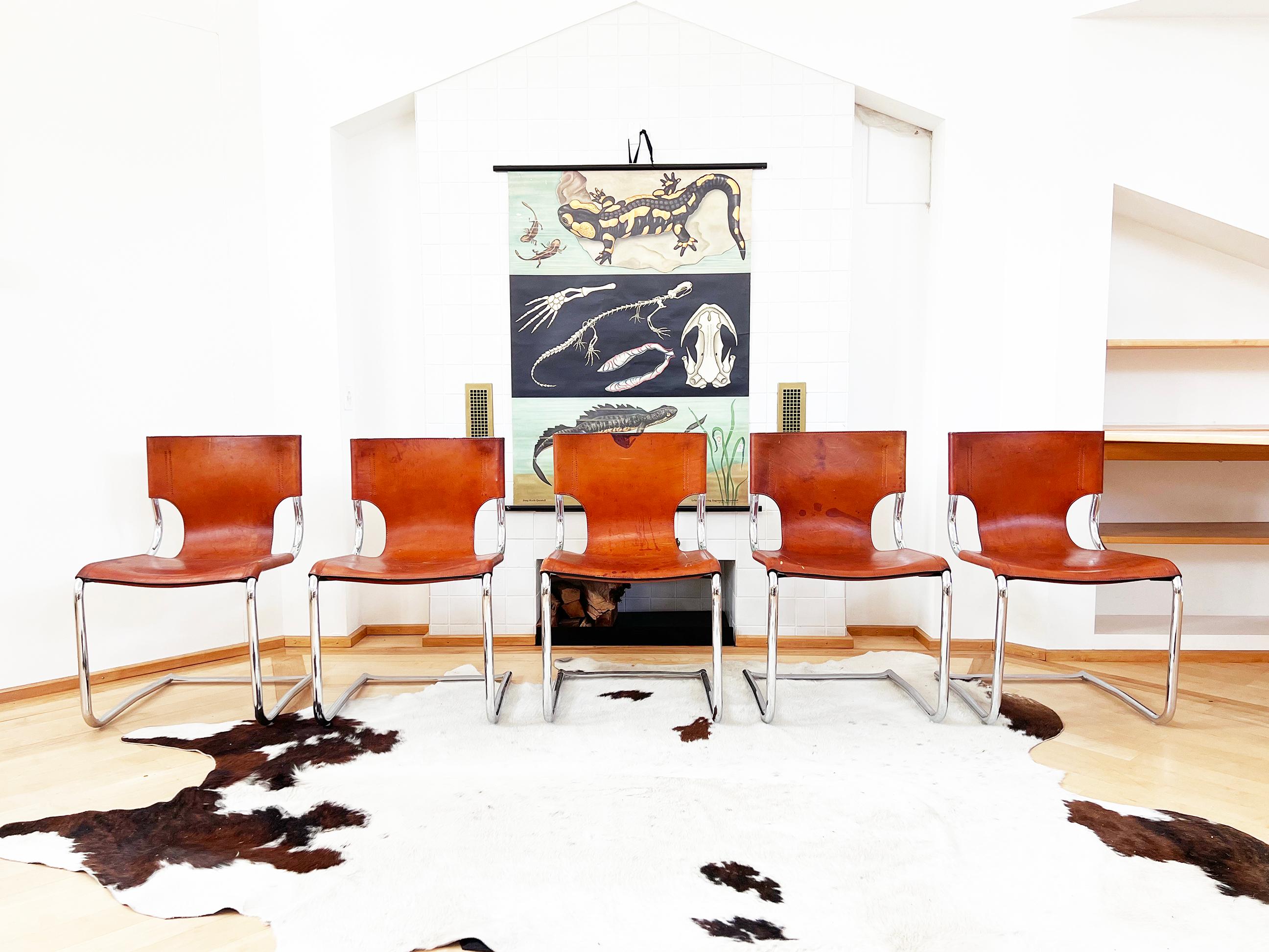 Mid-Century Modern SET 5 Chaises luge Carlo Bartoli T 70 920 Cuir Brown - 5 pcs en vente