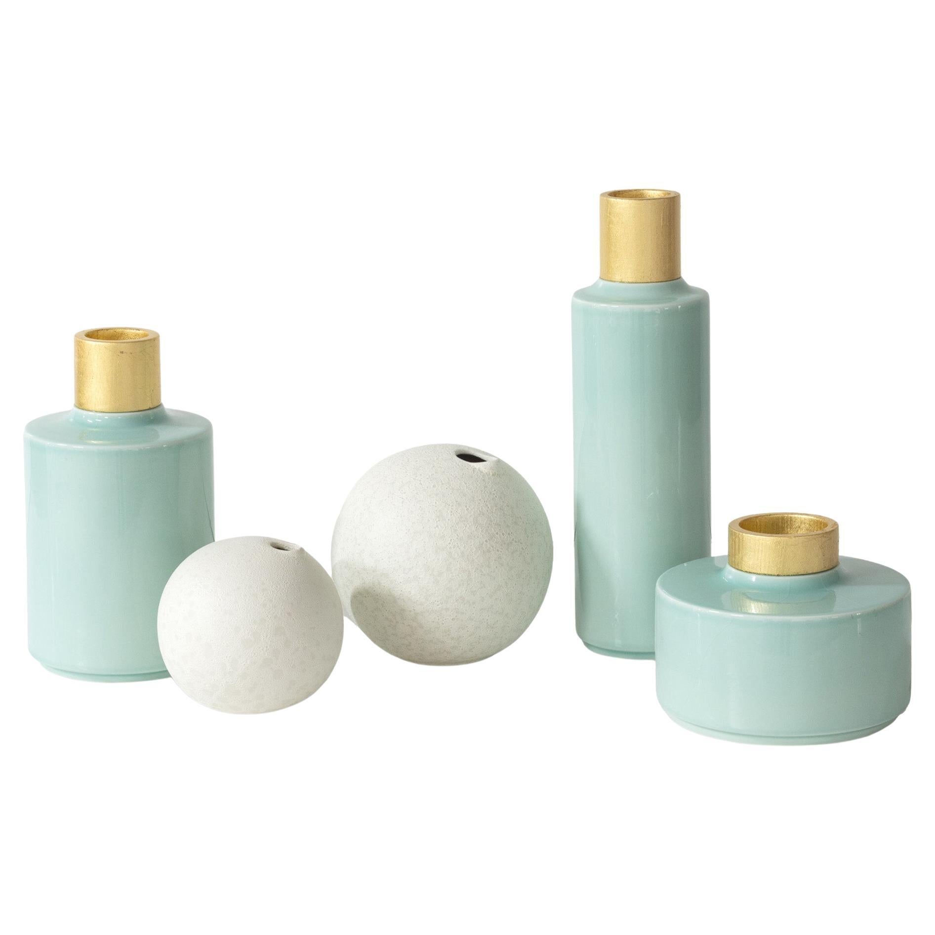Set/5 barattoli in ceramica, verde menta e bianco, fatti a mano in Portogallo da Lusitanus Home