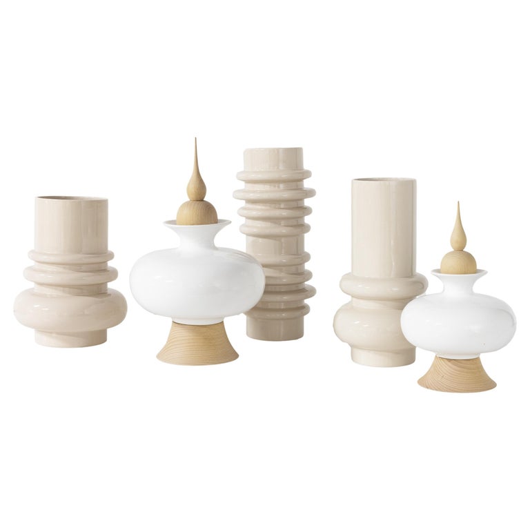 Set/5 Ceramic Pots & Jars, White & Cream, Handmade in Portugal by Lusitanus Home For Sale
