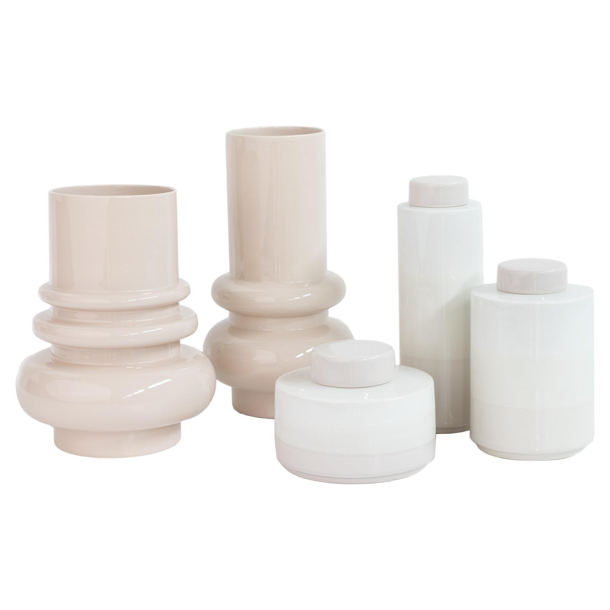 Set/5 Ceramic Pots & Vase, White & Cream, Handmade in Portugal by Lusitanus Home