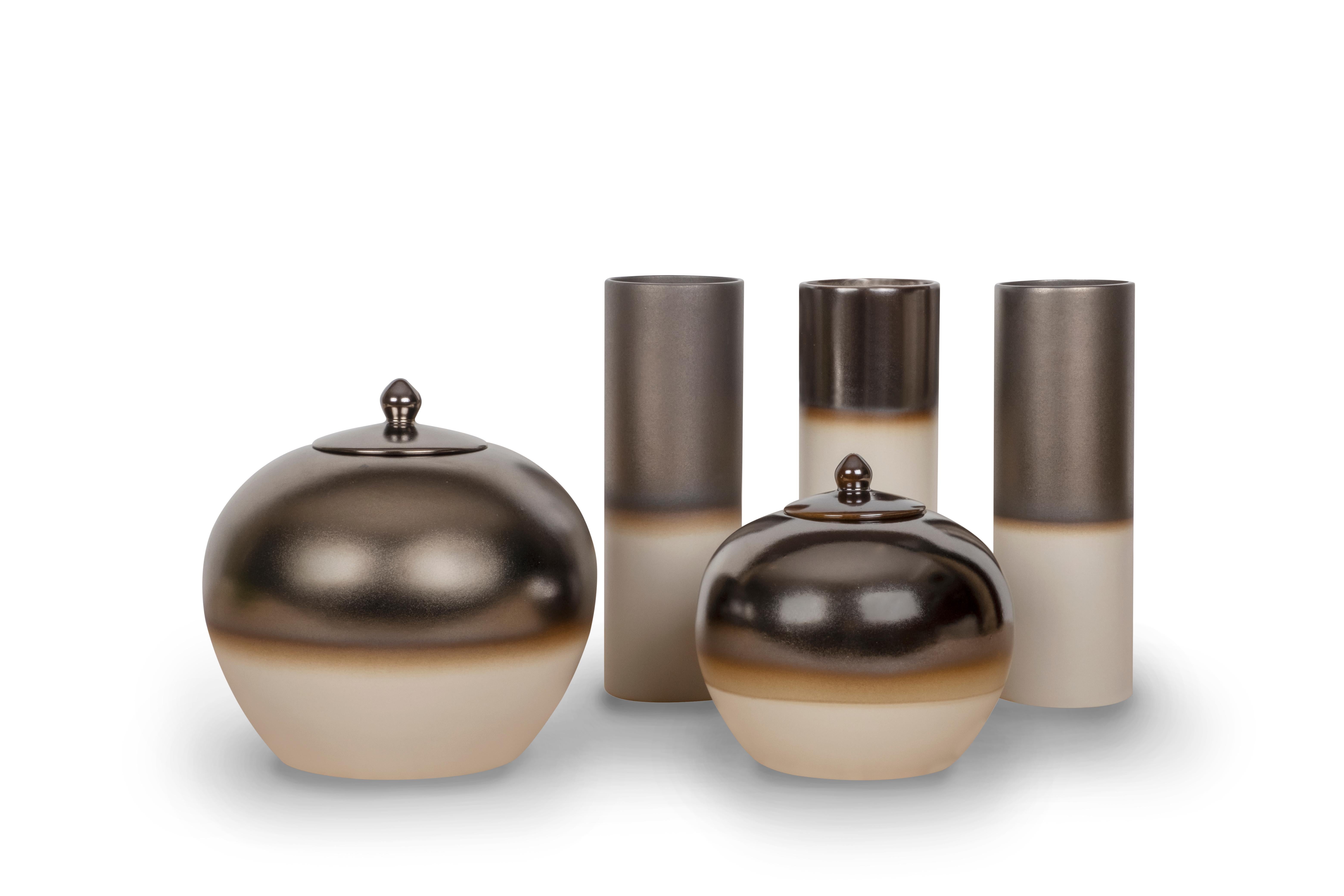 Contemporary Set/5 Ceramic Vases and Pots, Bronze, Handmade in Portugal by Lusitanus Home For Sale