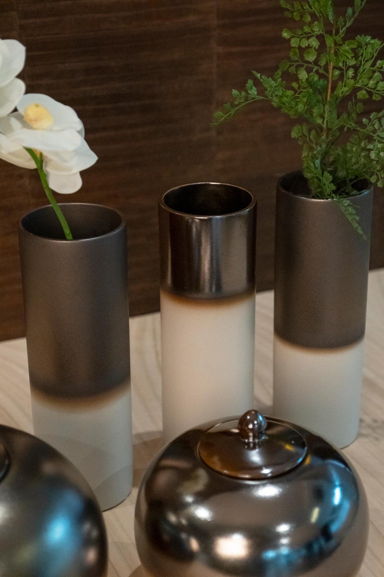 Set/5 Ceramic Vases and Pots, Bronze, Handmade in Portugal by Lusitanus