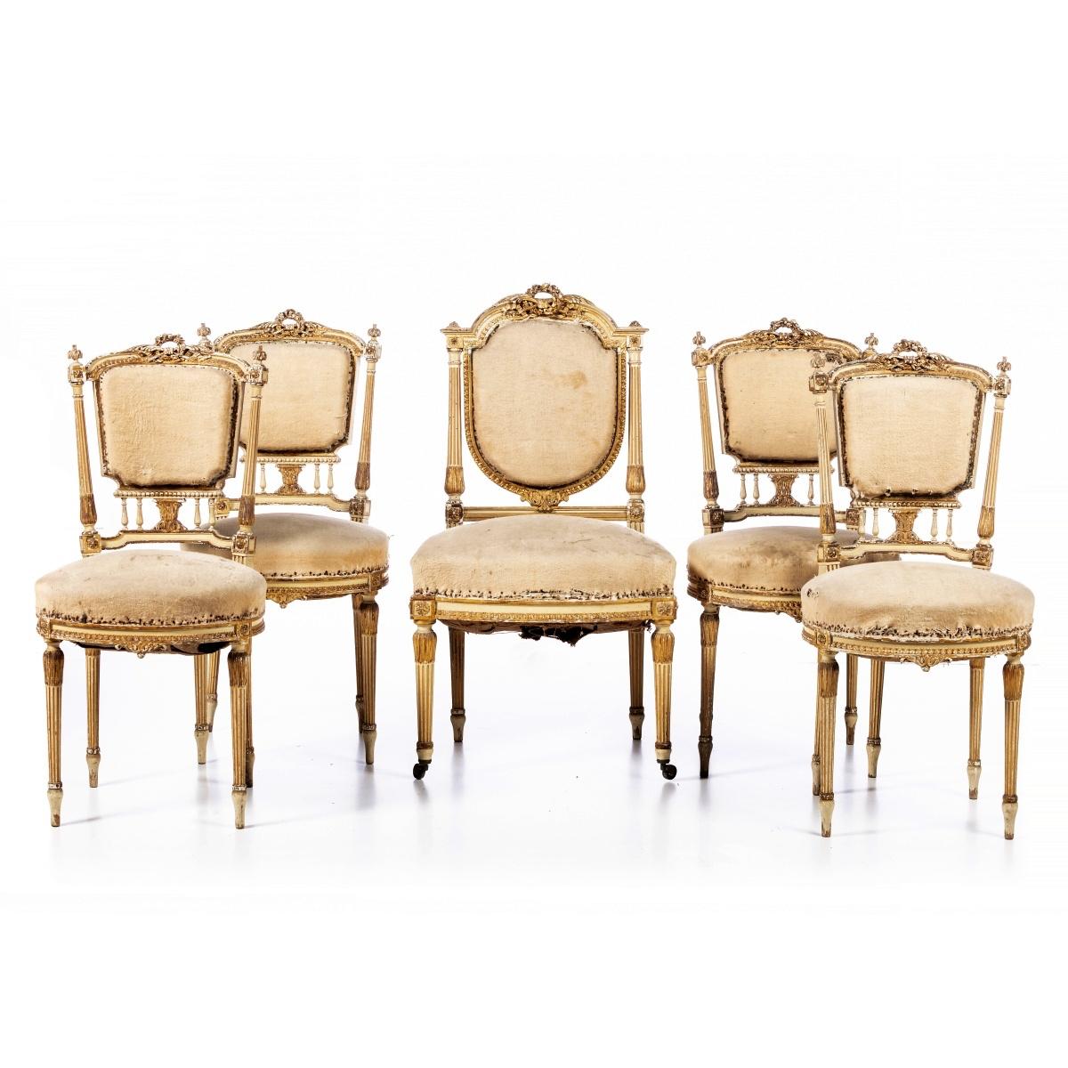 Baroque Set 5 French Chairs Louis XV Style 19th Century For Sale