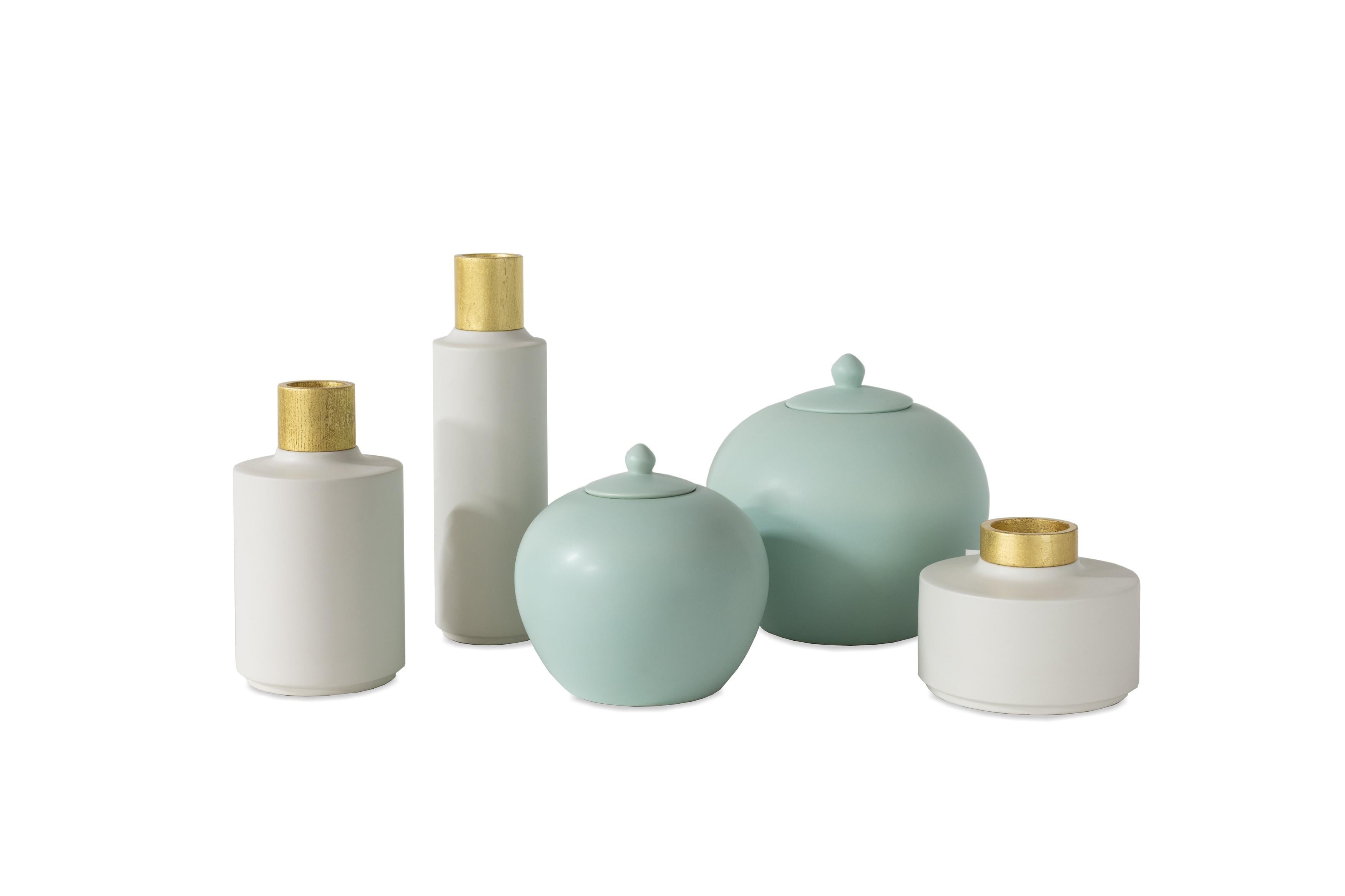 Portuguese Set/5 Jars & Pots, White & Mint Green, Handmade in Portugal by Lusitanus Home For Sale