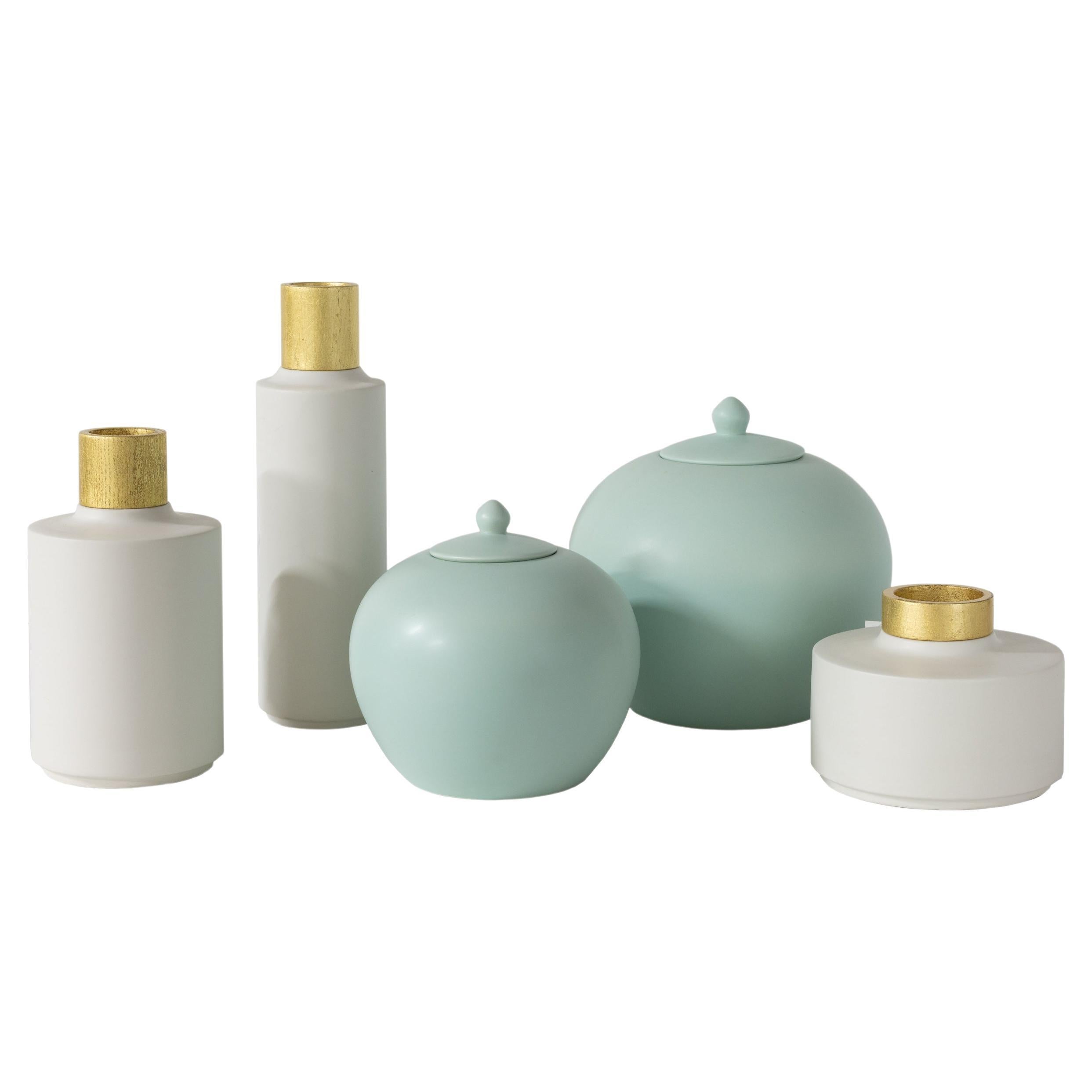 Set/5 Jars & Pots, White & Mint Green, Handmade in Portugal by Lusitanus Home For Sale