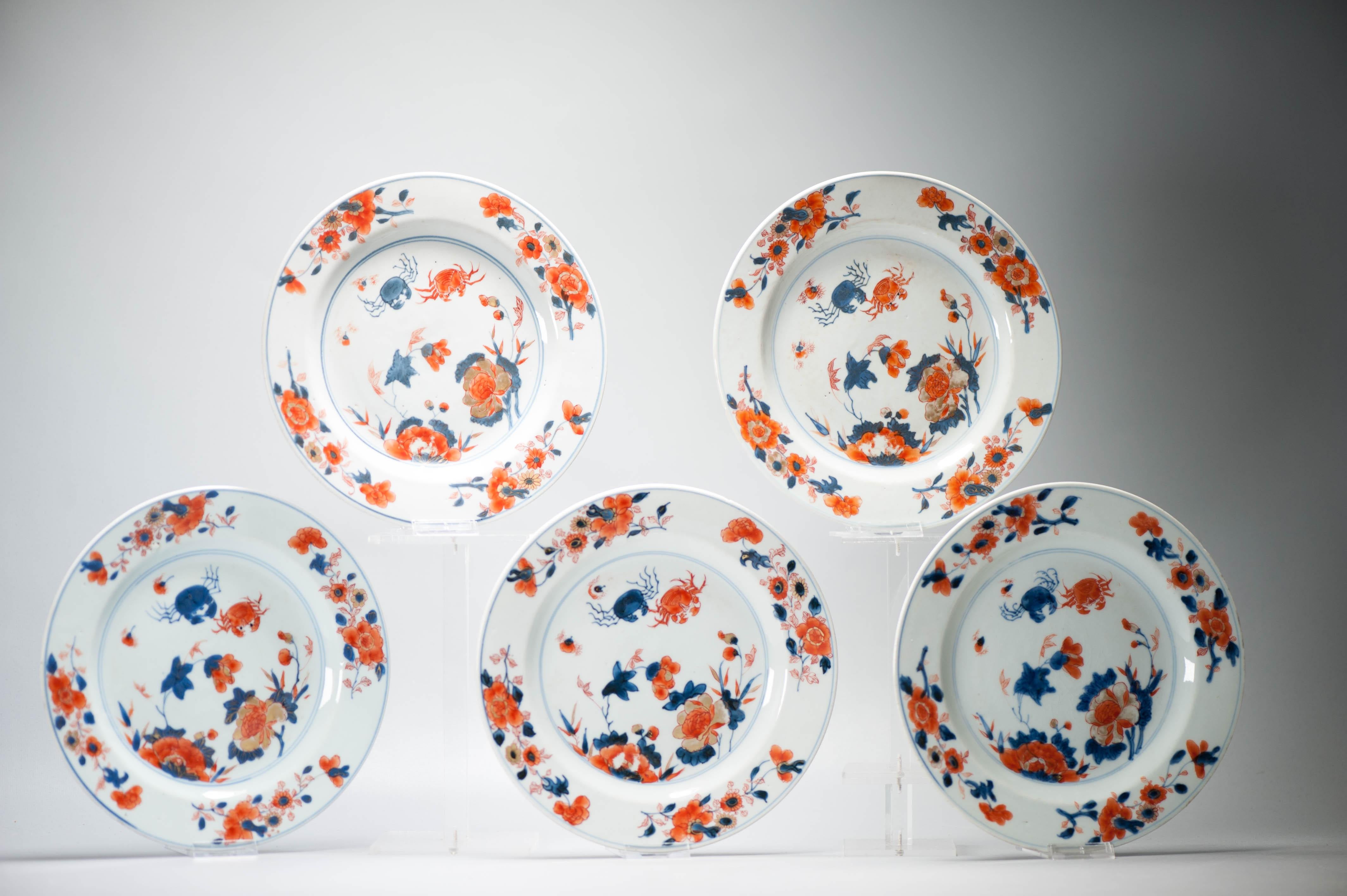 18th Century and Earlier Set 5 of Top Level Antique Kangxi Chinese Porcelain Imari Crab dinner plates For Sale