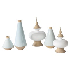 Ensemble/5 Pots, pots en céramique, blancs et bleus, fabriqués à la main au Portugal par Lusitanus Home