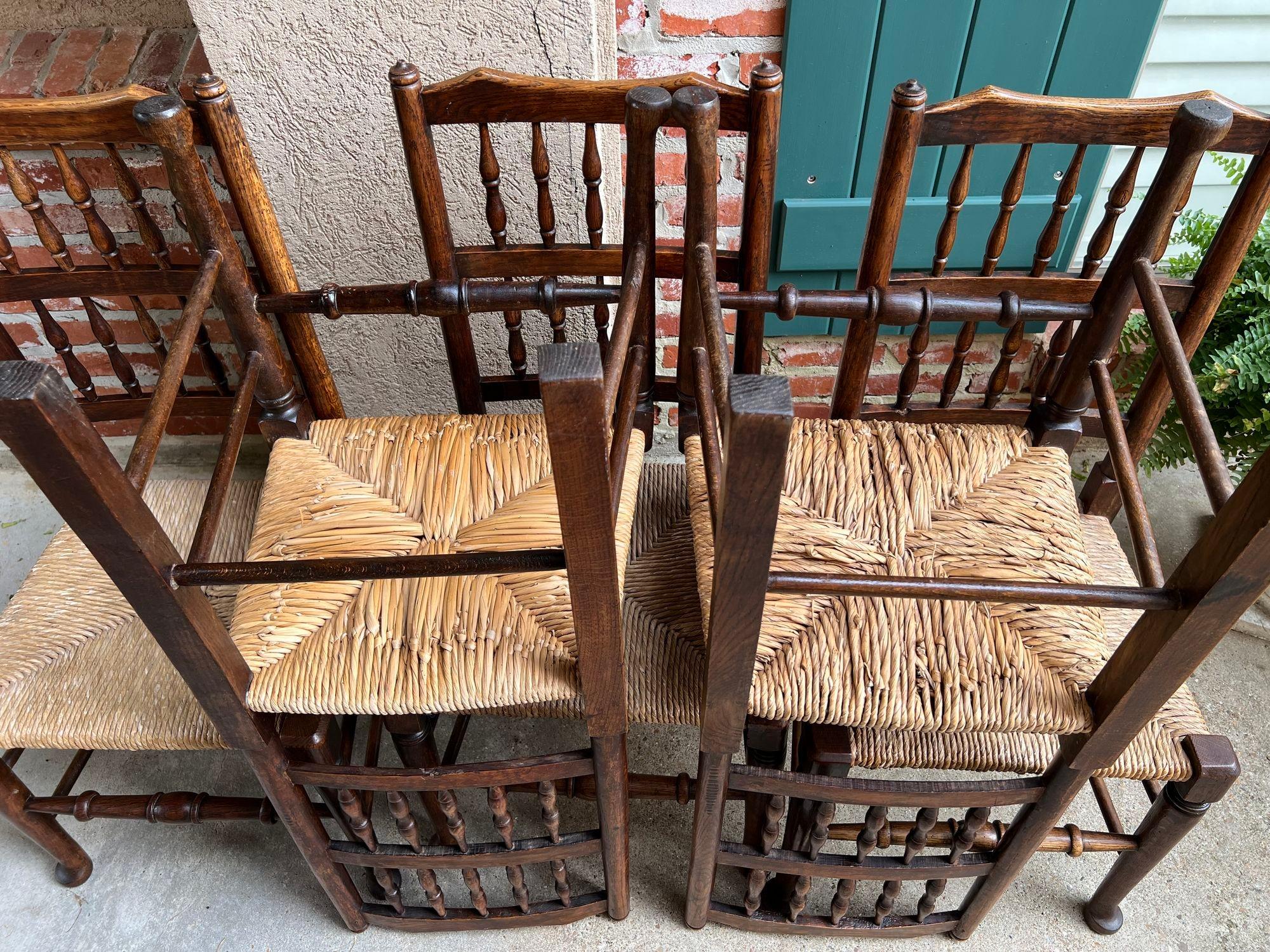 Set 5 Vintage English Oak Dining Side Chairs Rush Seat Lancashire Spindle Back For Sale 5