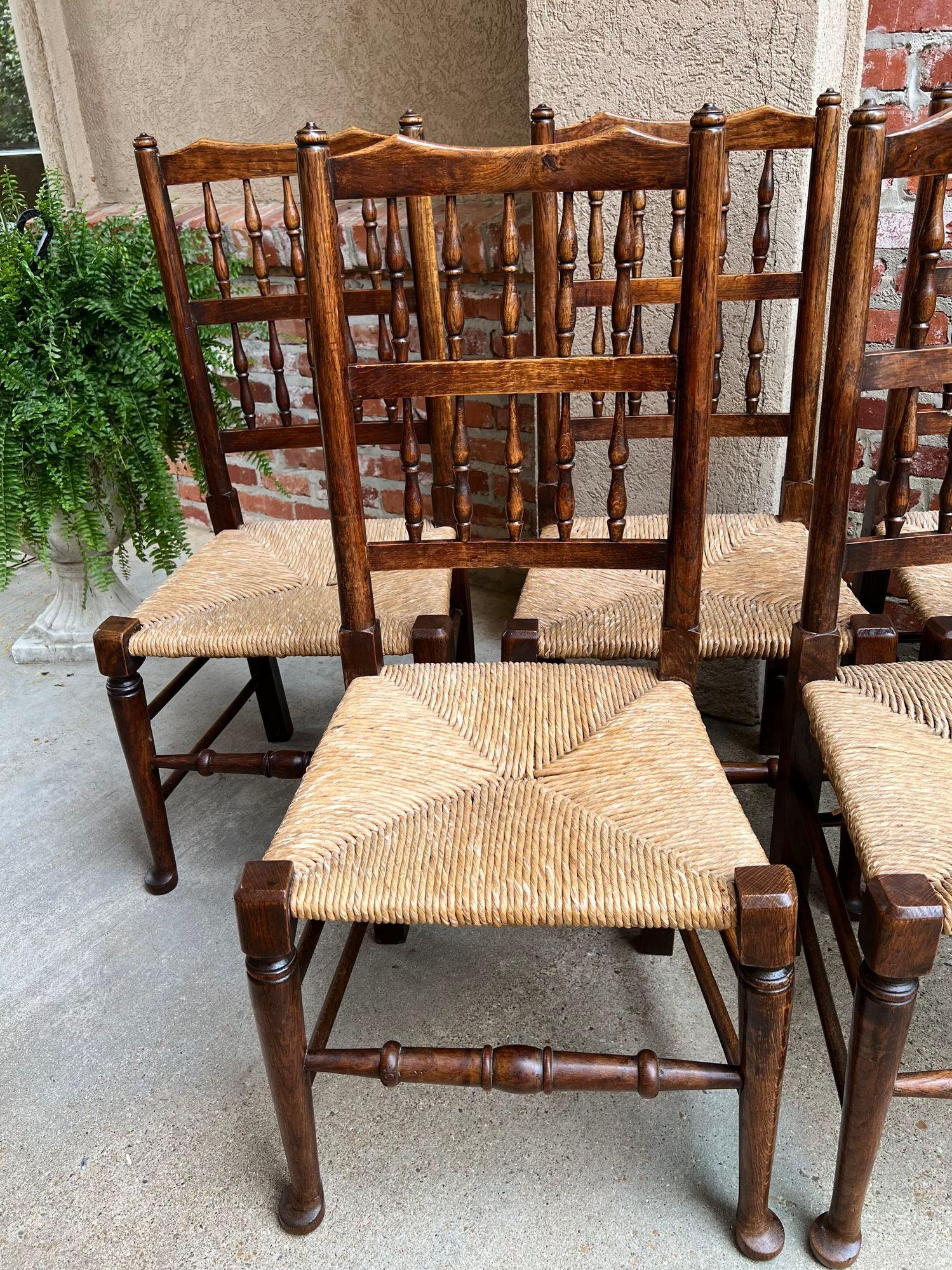 Set 5 Vintage English Oak Dining Side Chairs Rush Seat Lancashire Spindle Back For Sale 7