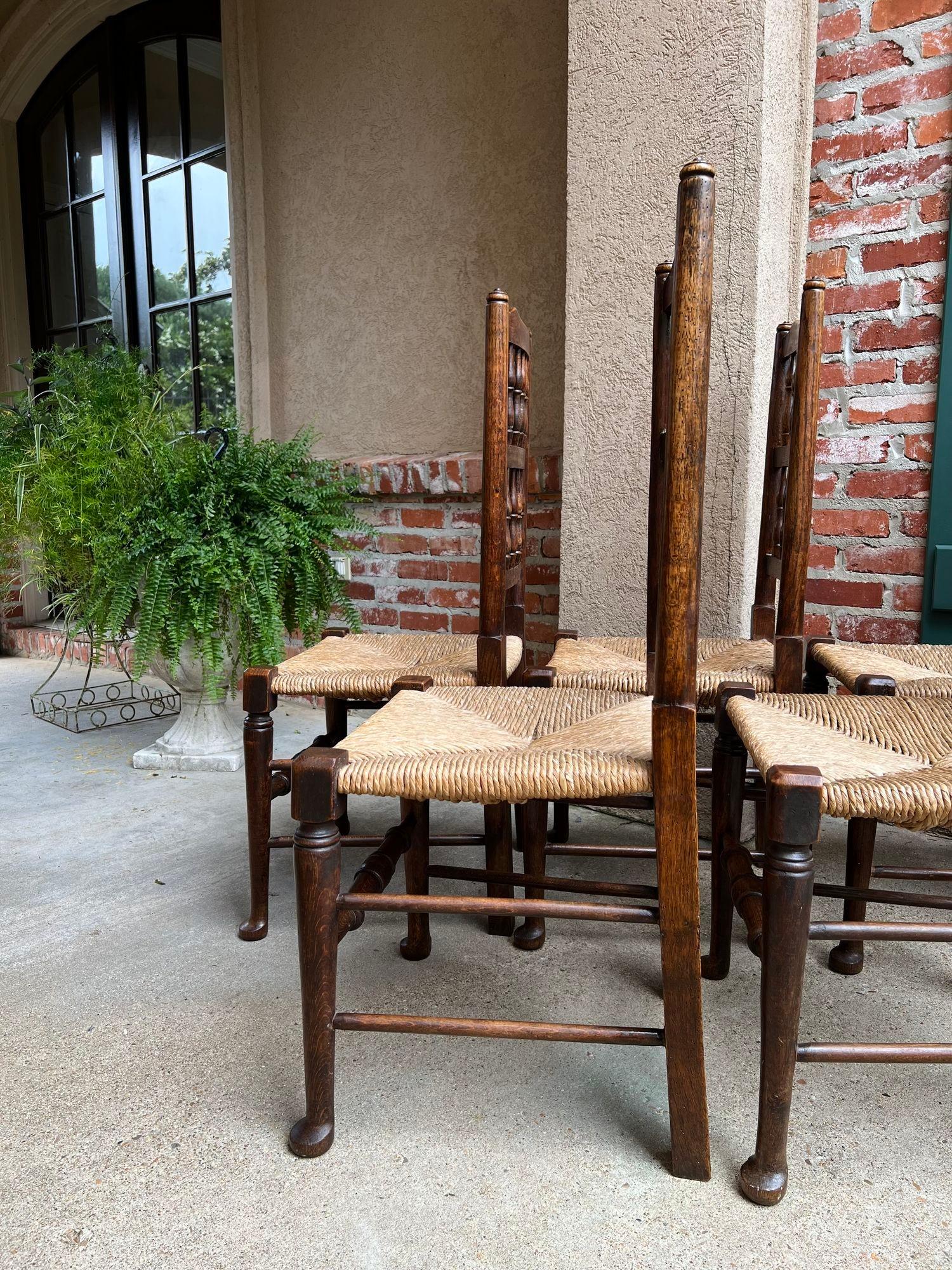 Set 5 Vintage English Oak Dining Side Chairs Rush Seat Lancashire Spindle Back For Sale 12