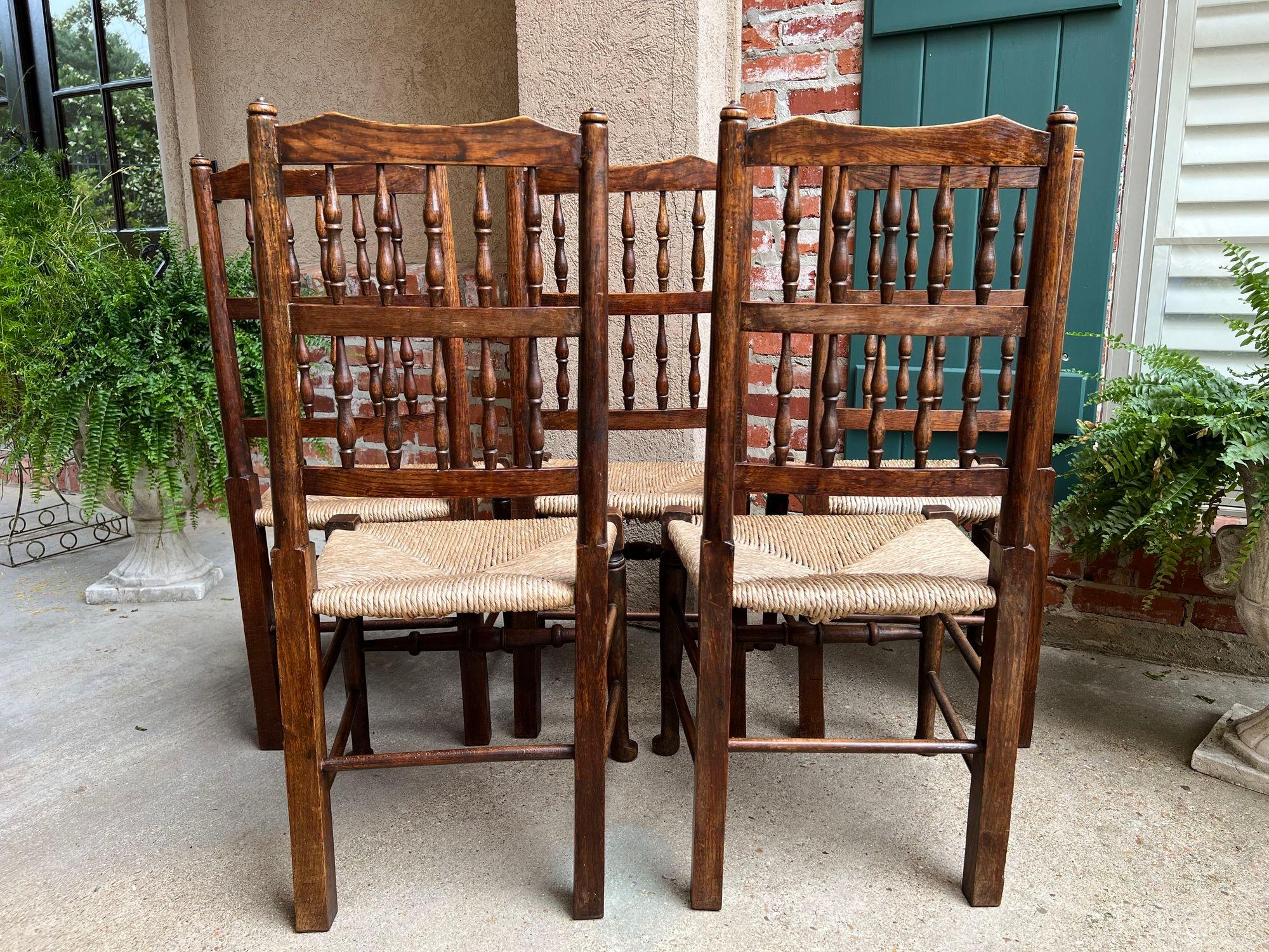 Set 5 Vintage English Oak Dining Side Chairs Rush Seat Lancashire Spindle Back For Sale 13