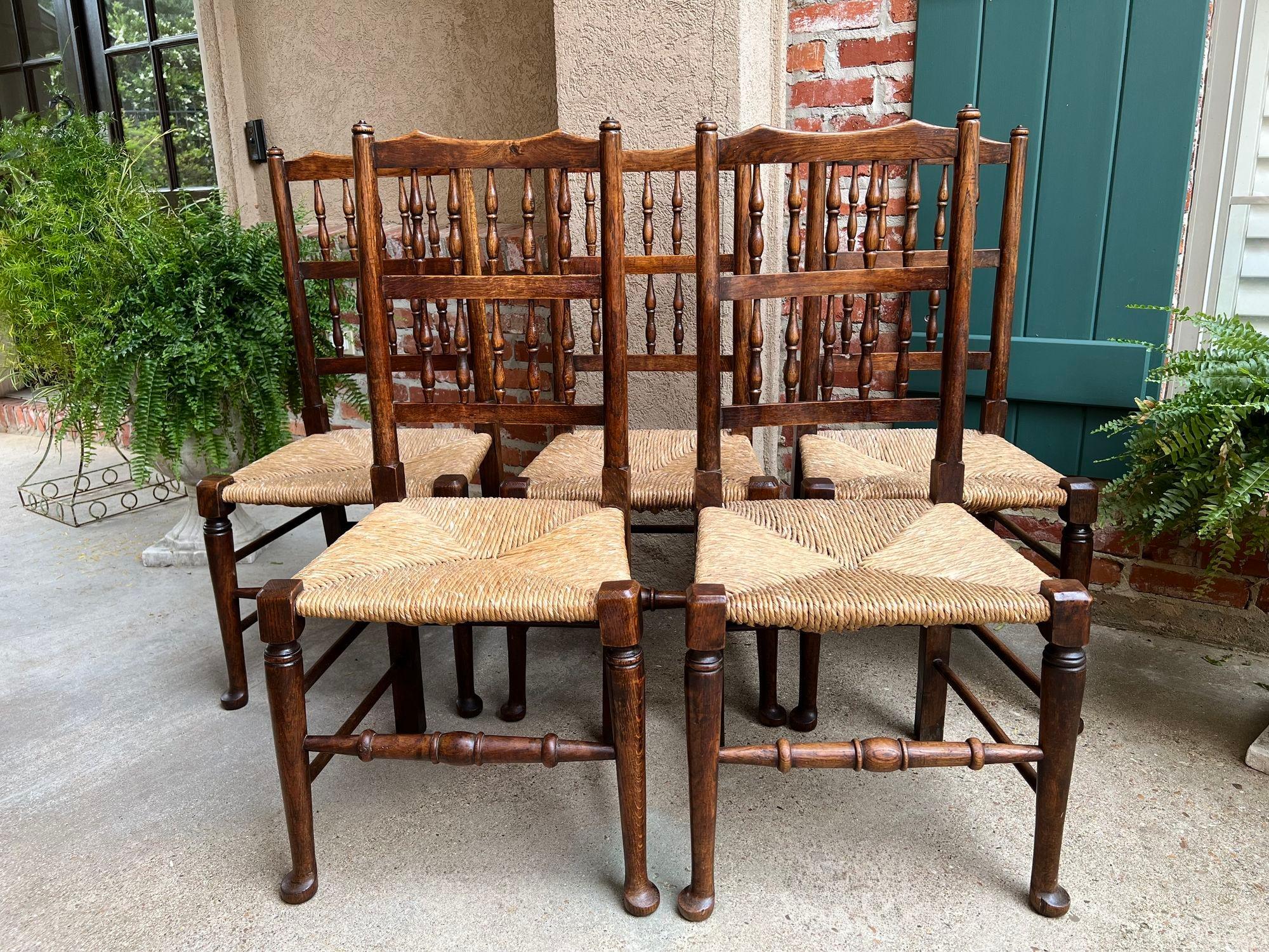 Jacobean Set 5 Vintage English Oak Dining Side Chairs Rush Seat Lancashire Spindle Back For Sale