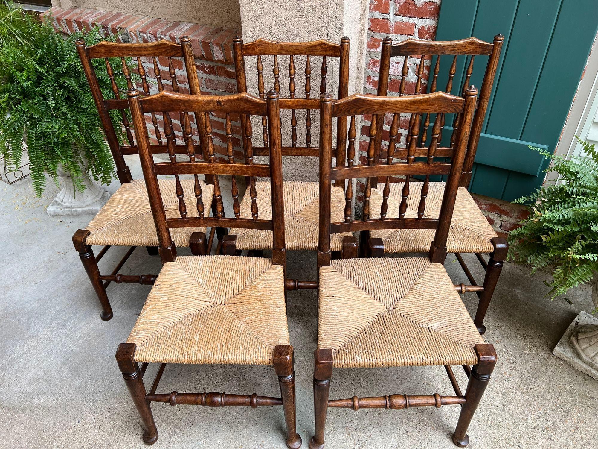 British Set 5 Vintage English Oak Dining Side Chairs Rush Seat Lancashire Spindle Back For Sale