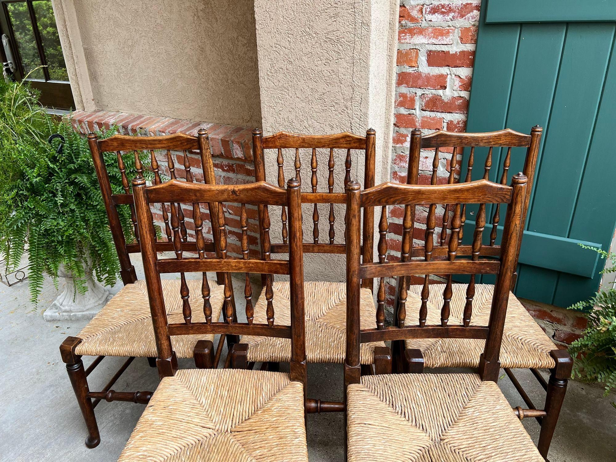 Turned Set 5 Vintage English Oak Dining Side Chairs Rush Seat Lancashire Spindle Back For Sale