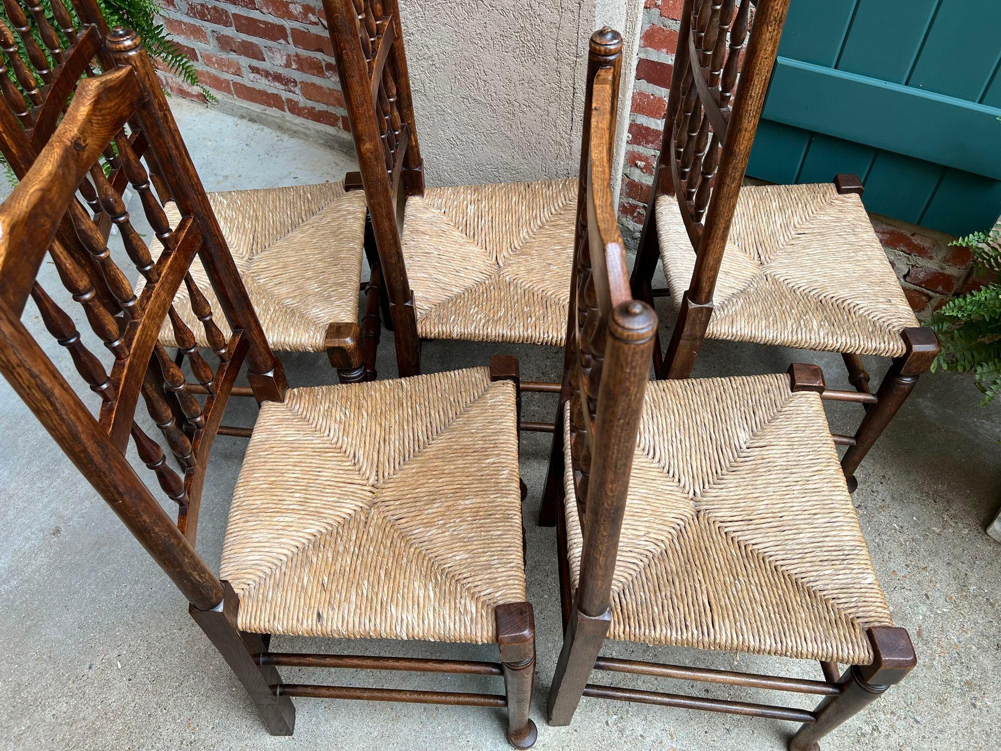 Mid-20th Century Set 5 Vintage English Oak Dining Side Chairs Rush Seat Lancashire Spindle Back For Sale