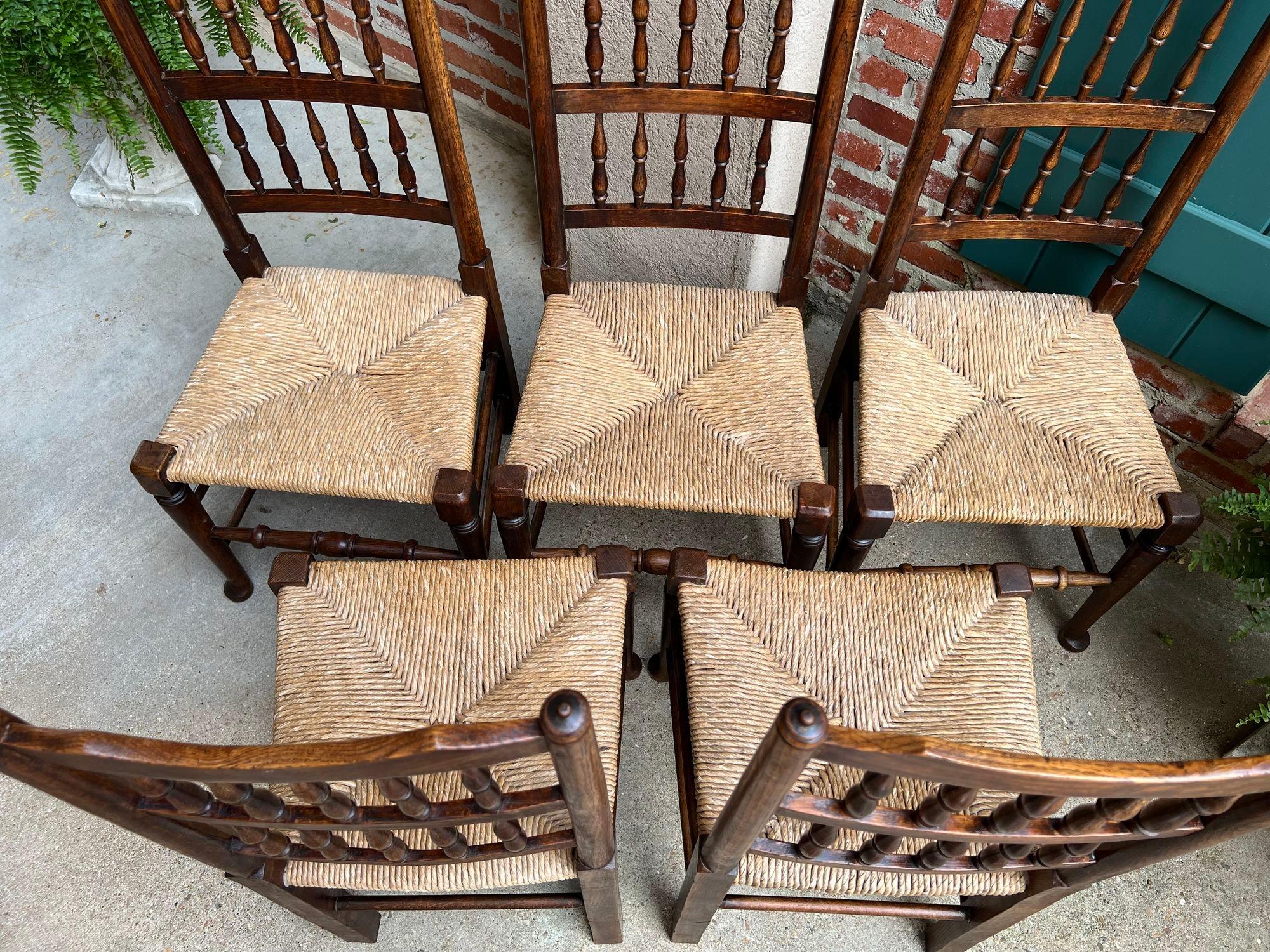 Set 5 Vintage English Oak Dining Side Chairs Rush Seat Lancashire Spindle Back For Sale 1