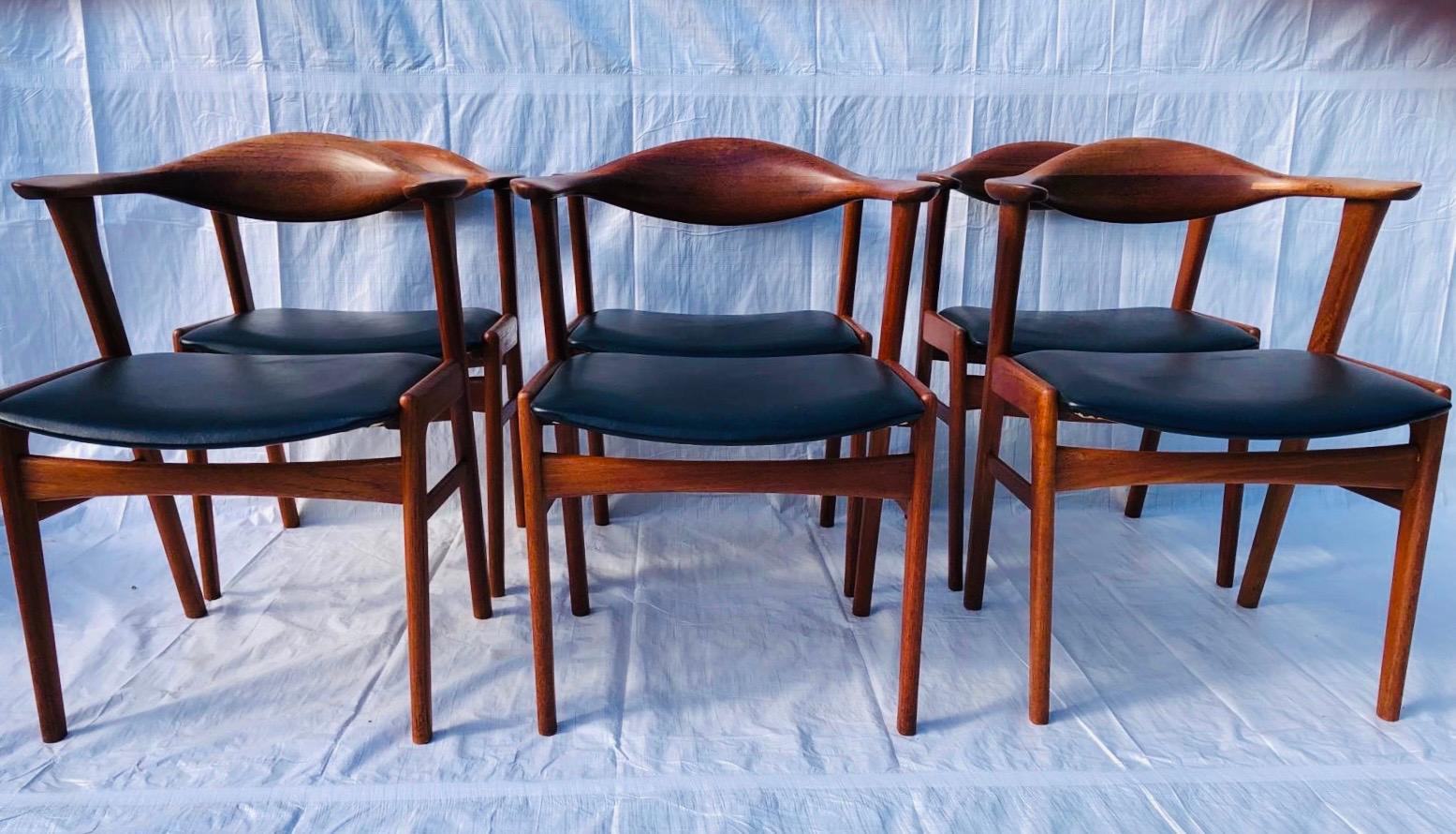 20th Century Set/6 1960s Danish Erik Kirkegaard Model 49b Teak & Black Vinyl Dining Chairs 