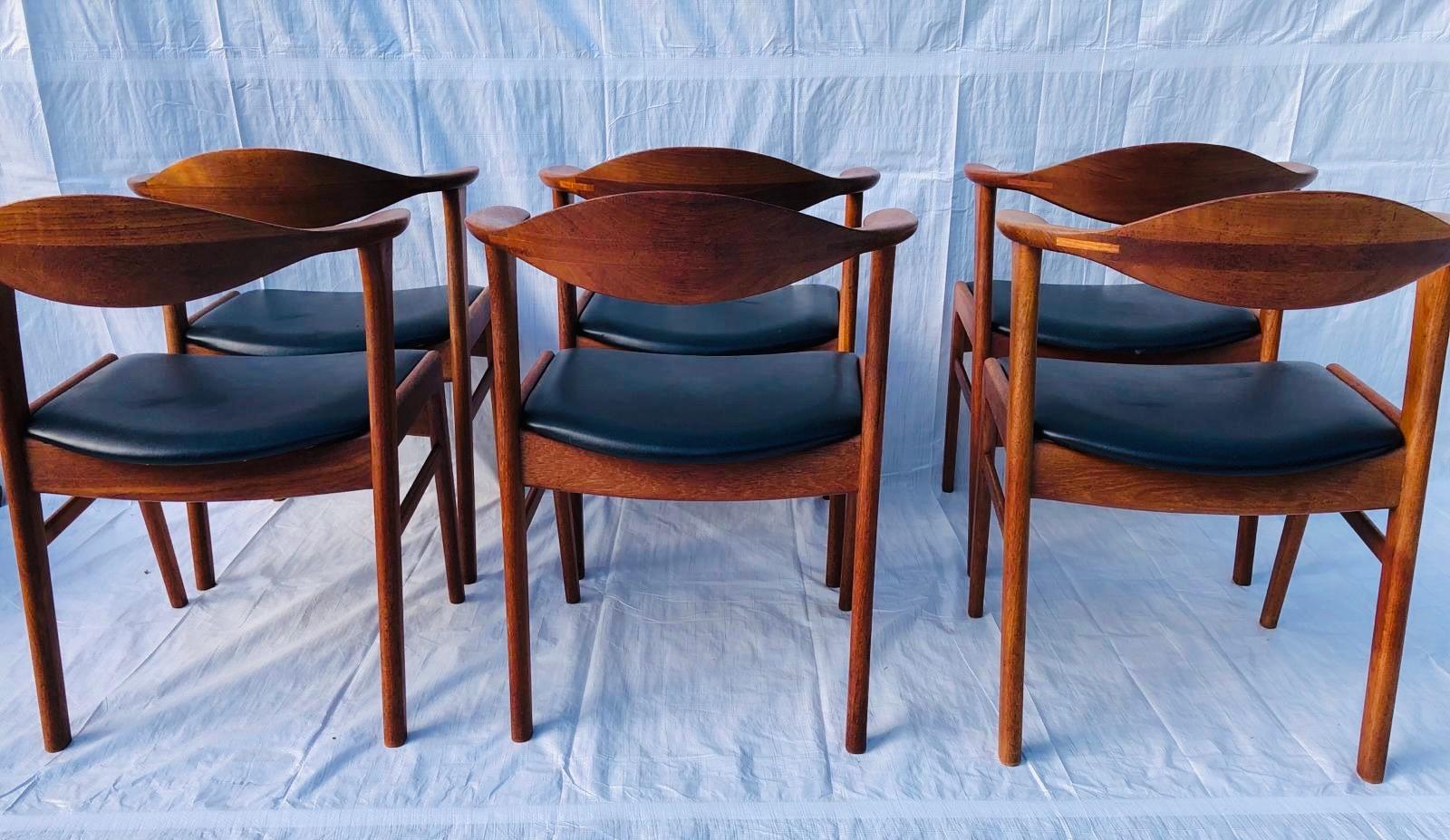 Set/6 1960s Danish Erik Kirkegaard Model 49b Teak & Black Vinyl Dining Chairs  1
