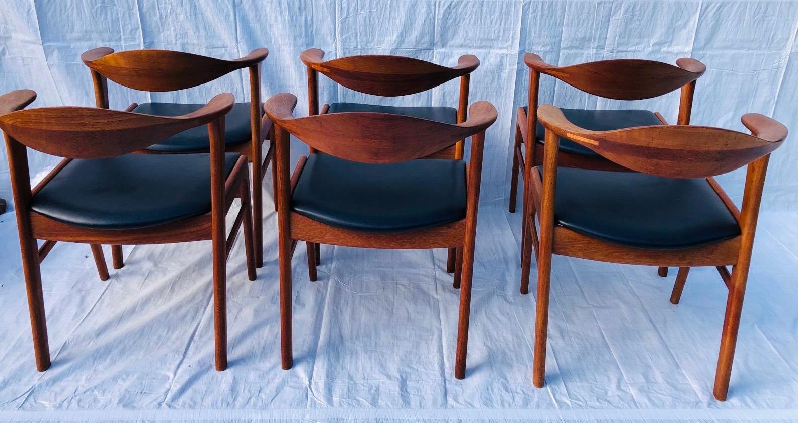 Set/6 1960s Danish Erik Kirkegaard Model 49b Teak & Black Vinyl Dining Chairs  2