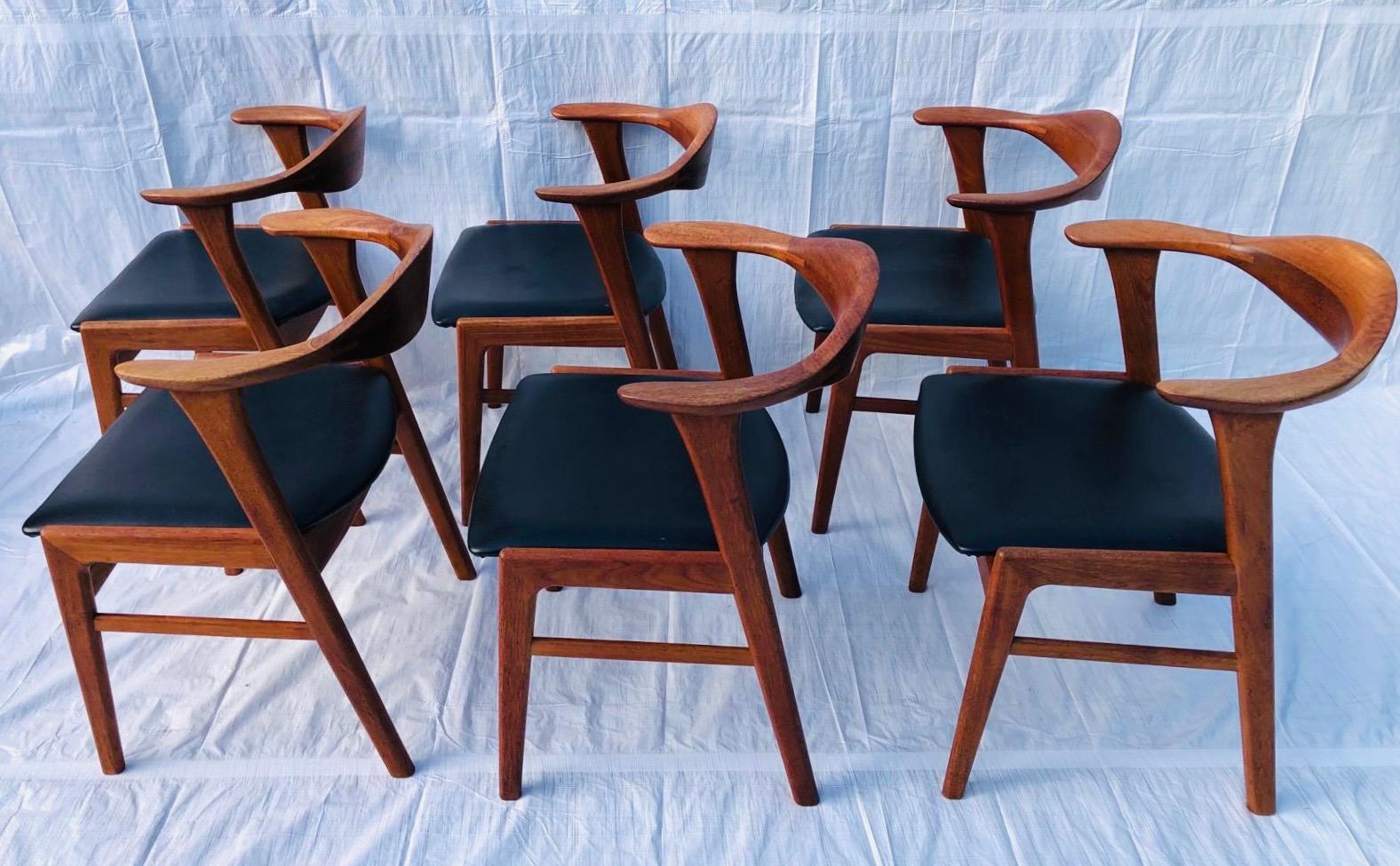 Set/6 1960s Danish Erik Kirkegaard Model 49b Teak & Black Vinyl Dining Chairs  3
