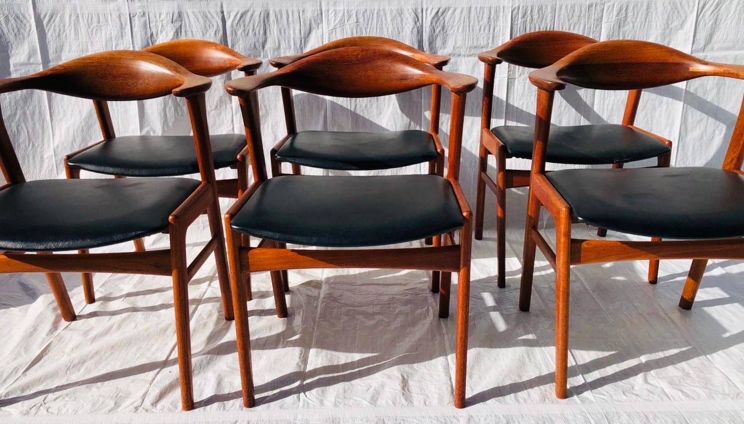 Set/6 1960s Danish Erik Kirkegaard Model 49b Teak & Black Vinyl Dining Chairs  4
