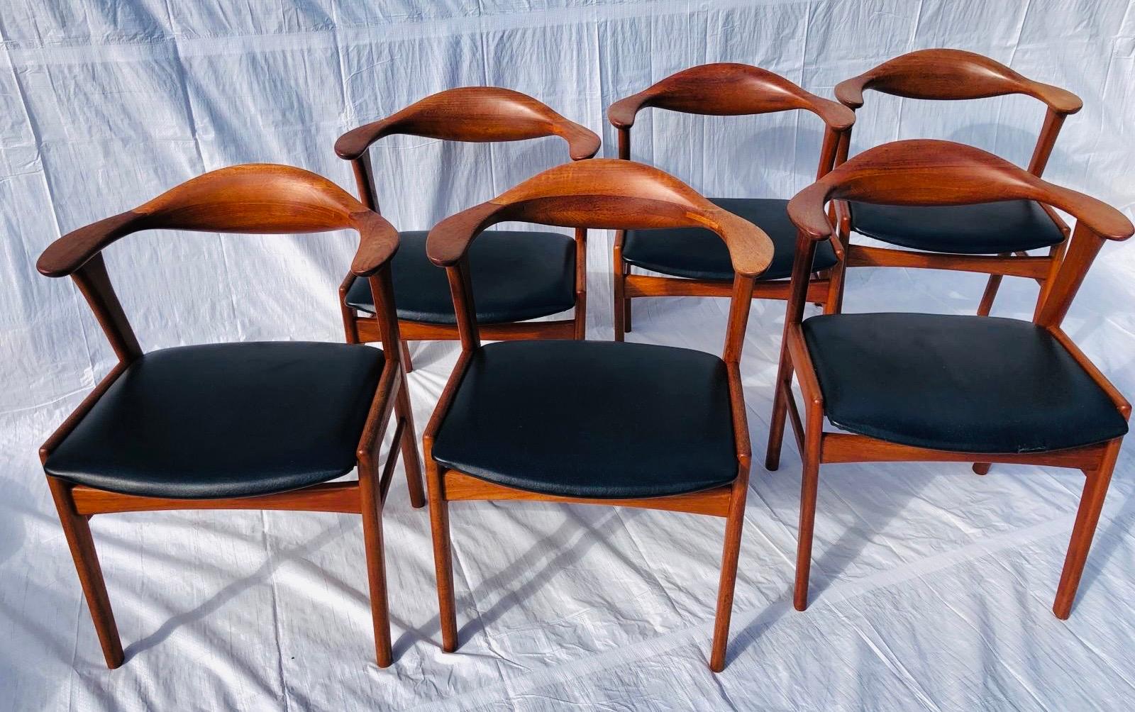 Set/6 1960s Danish Erik Kirkegaard Model 49b Teak & Black Vinyl Dining Chairs  5