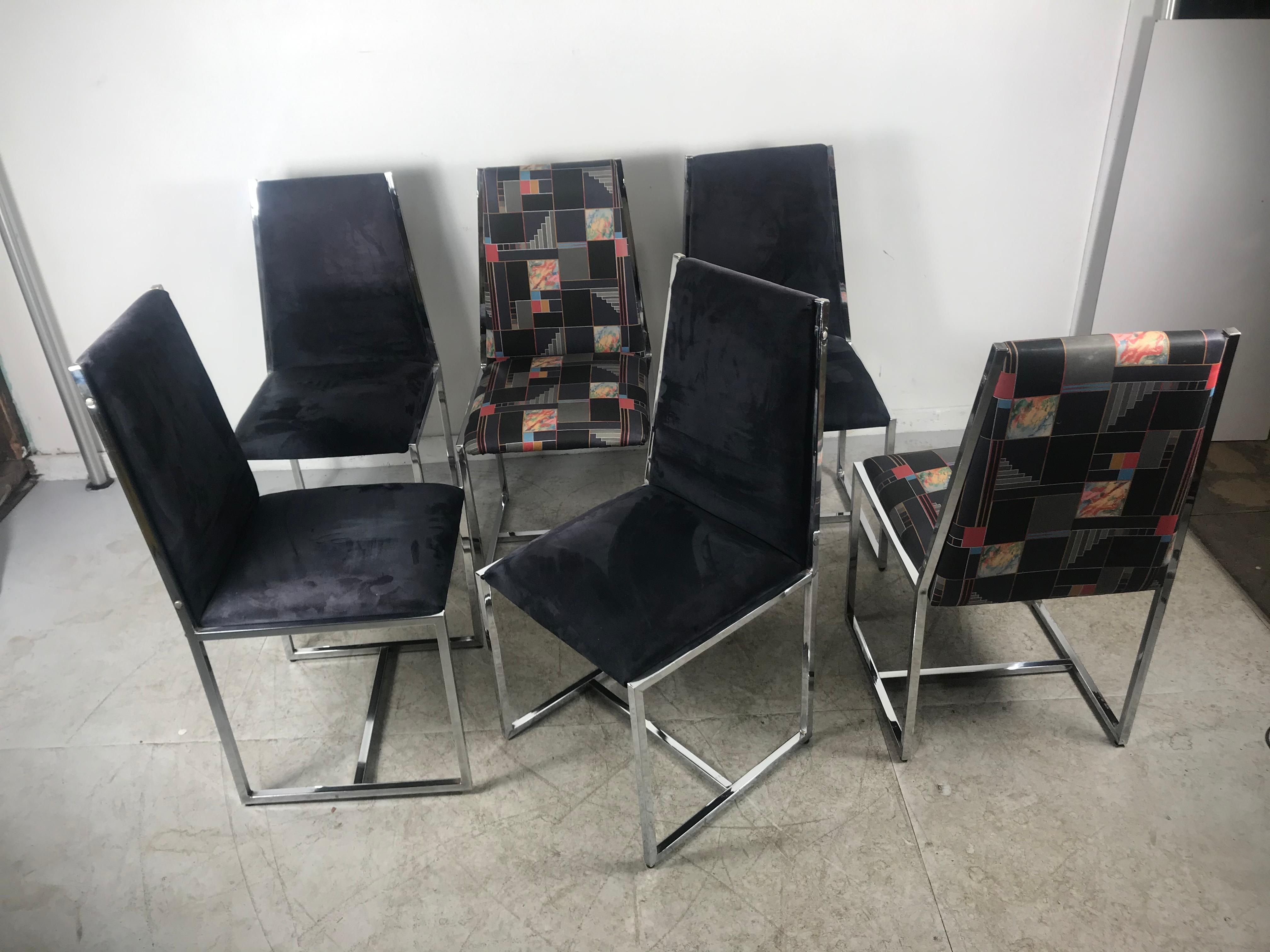 Jeu de 6 chaises de salle à manger en chrome et daim des années 1970 Style Milo Baughman en vente 3