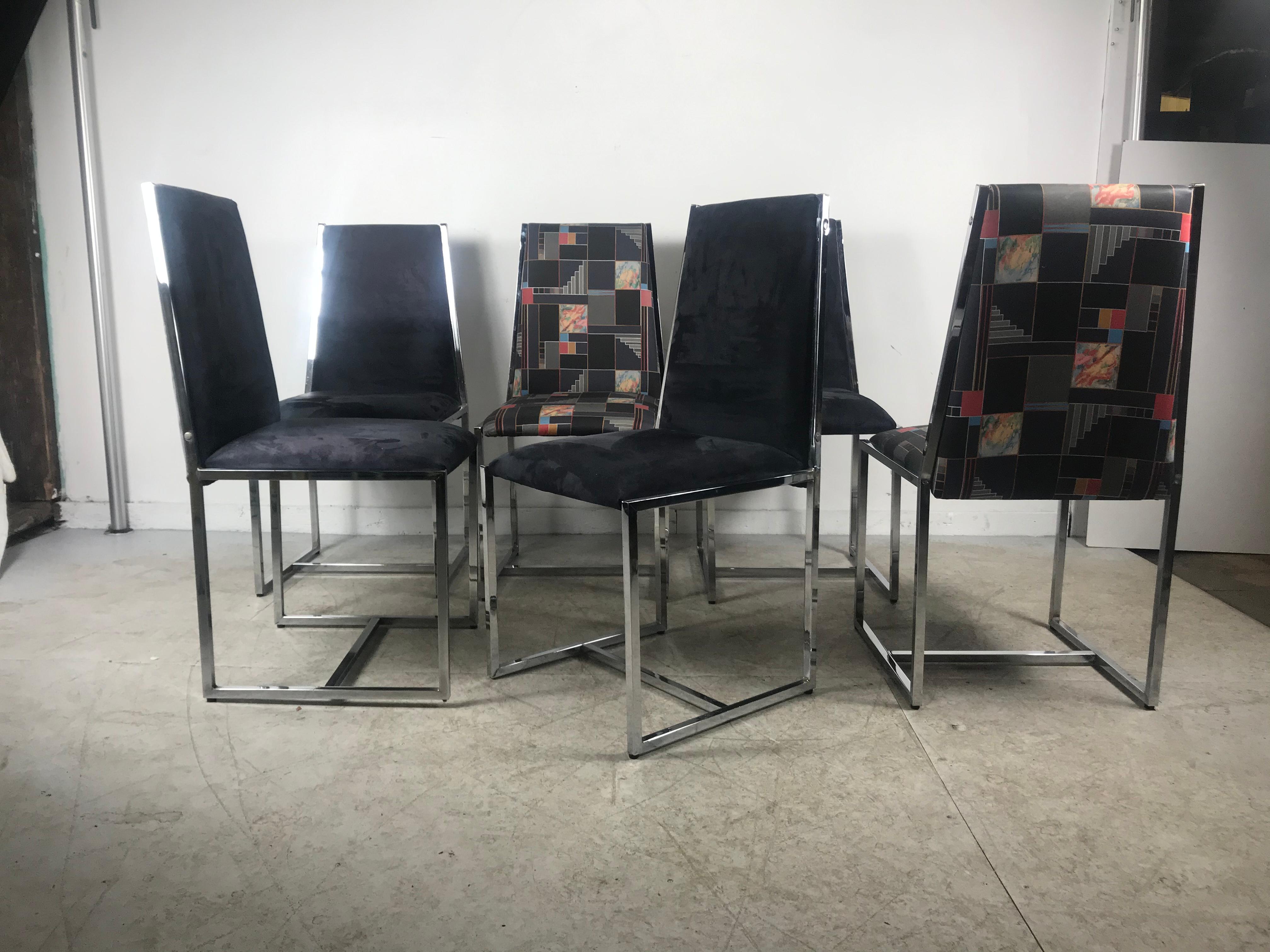 Américain Jeu de 6 chaises de salle à manger en chrome et daim des années 1970 Style Milo Baughman en vente