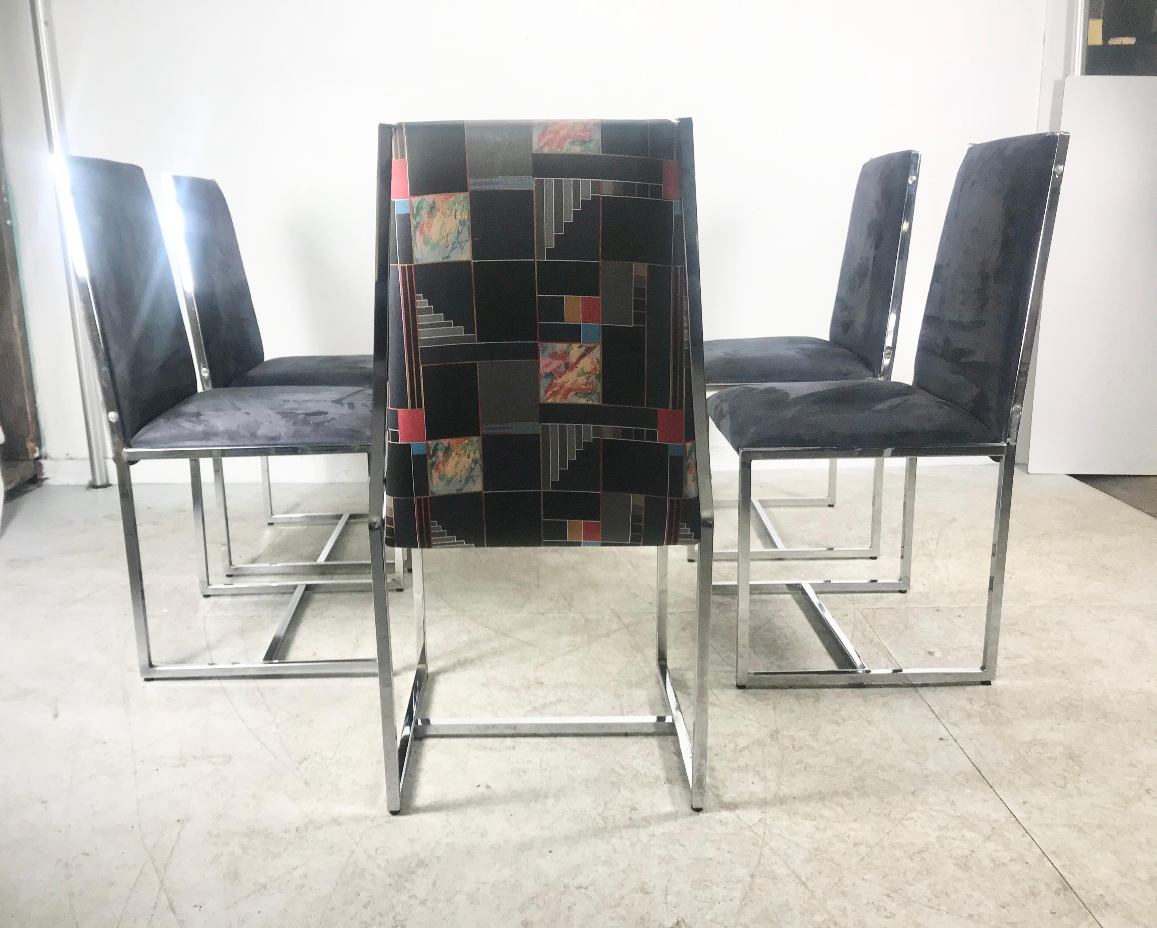 Fin du 20e siècle Jeu de 6 chaises de salle à manger en chrome et daim des années 1970 Style Milo Baughman en vente