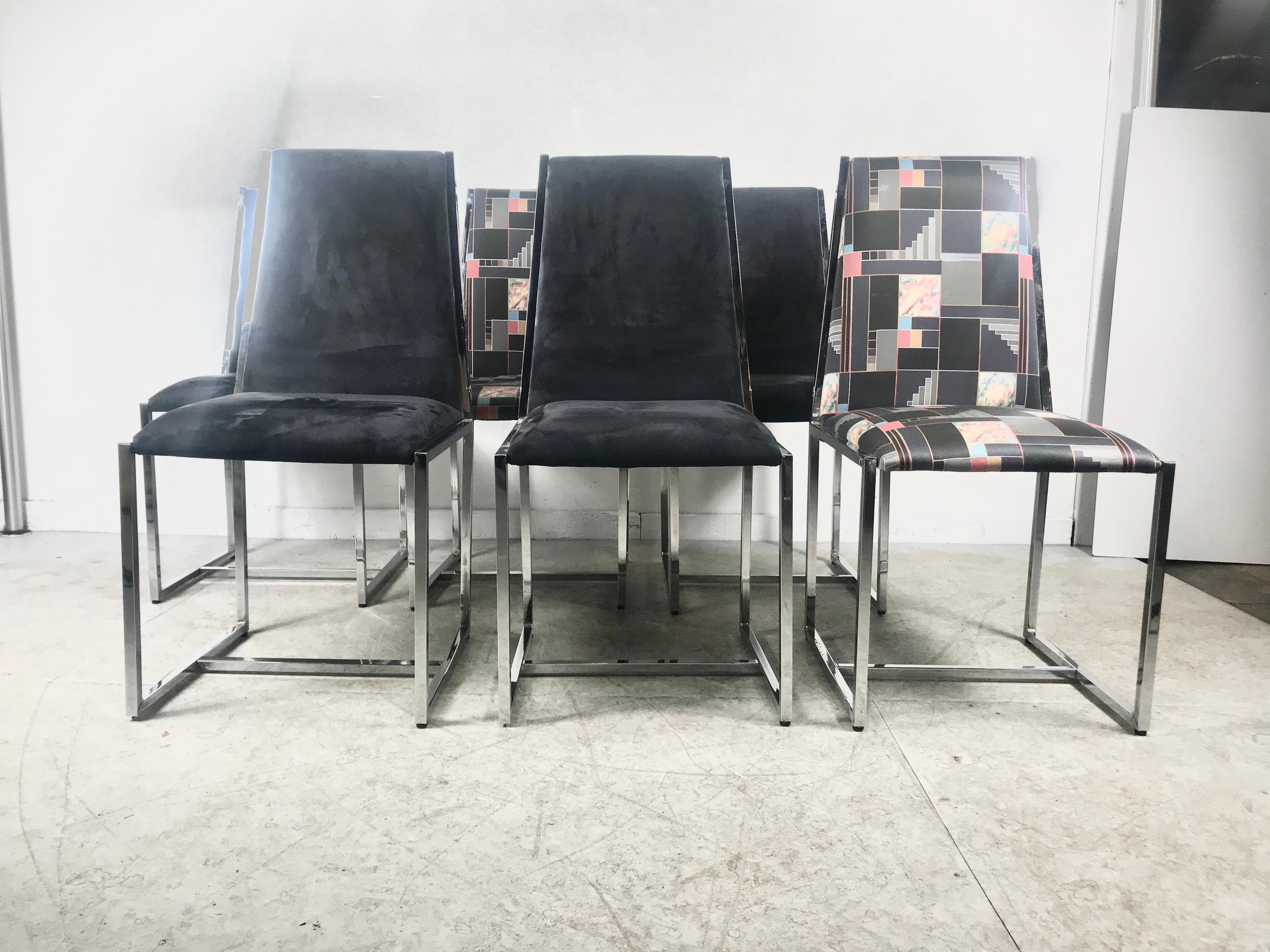 Tissu Jeu de 6 chaises de salle à manger en chrome et daim des années 1970 Style Milo Baughman en vente