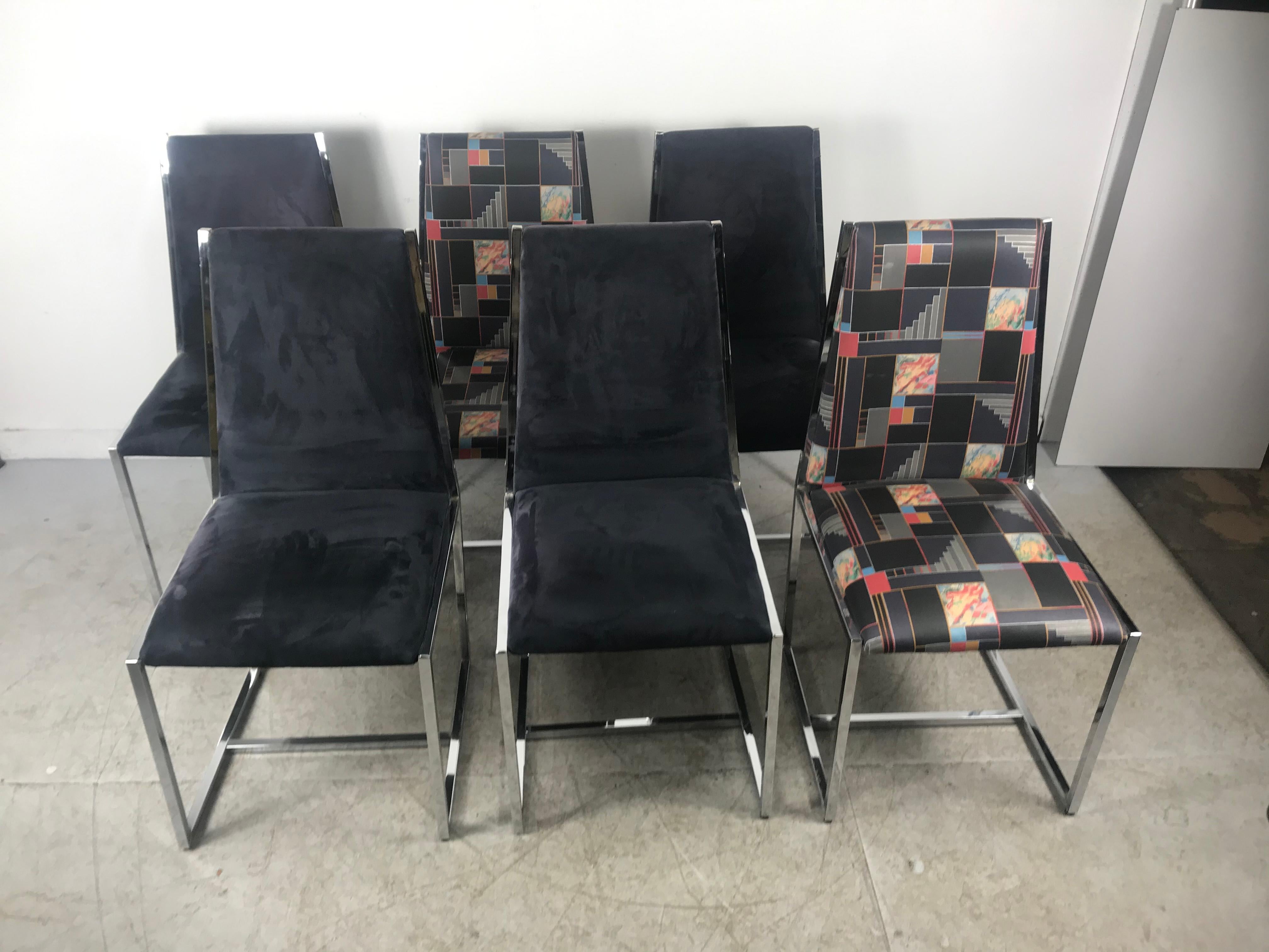 Set 6 1970s Chrome and Suede Dining Chairs Milo Baughman Style For Sale 2
