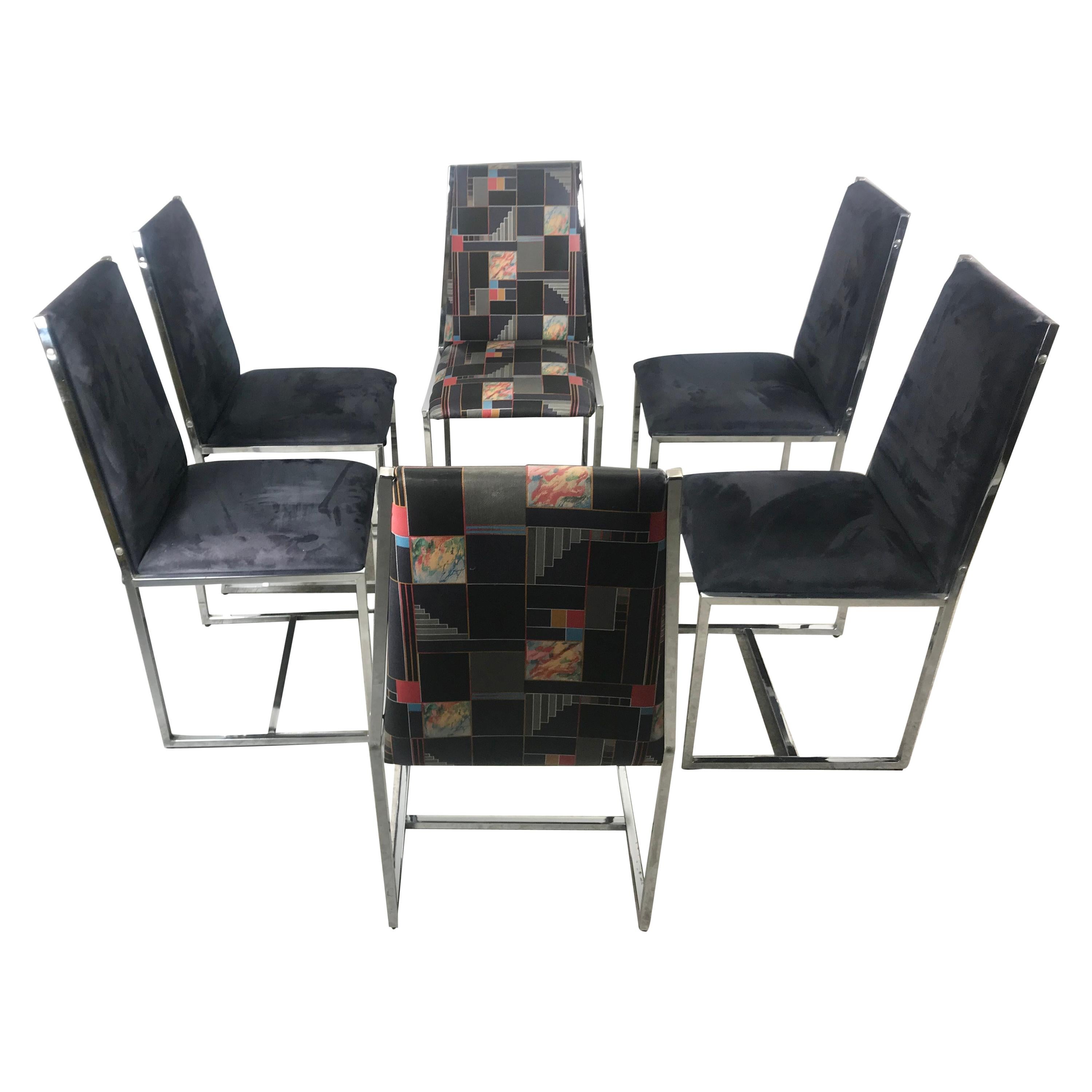 Set 6 1970s Chrome and Suede Dining Chairs Milo Baughman Style