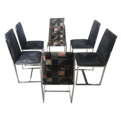 Vintage Set 6 1970s Chrome and Suede Dining Chairs Milo Baughman Style