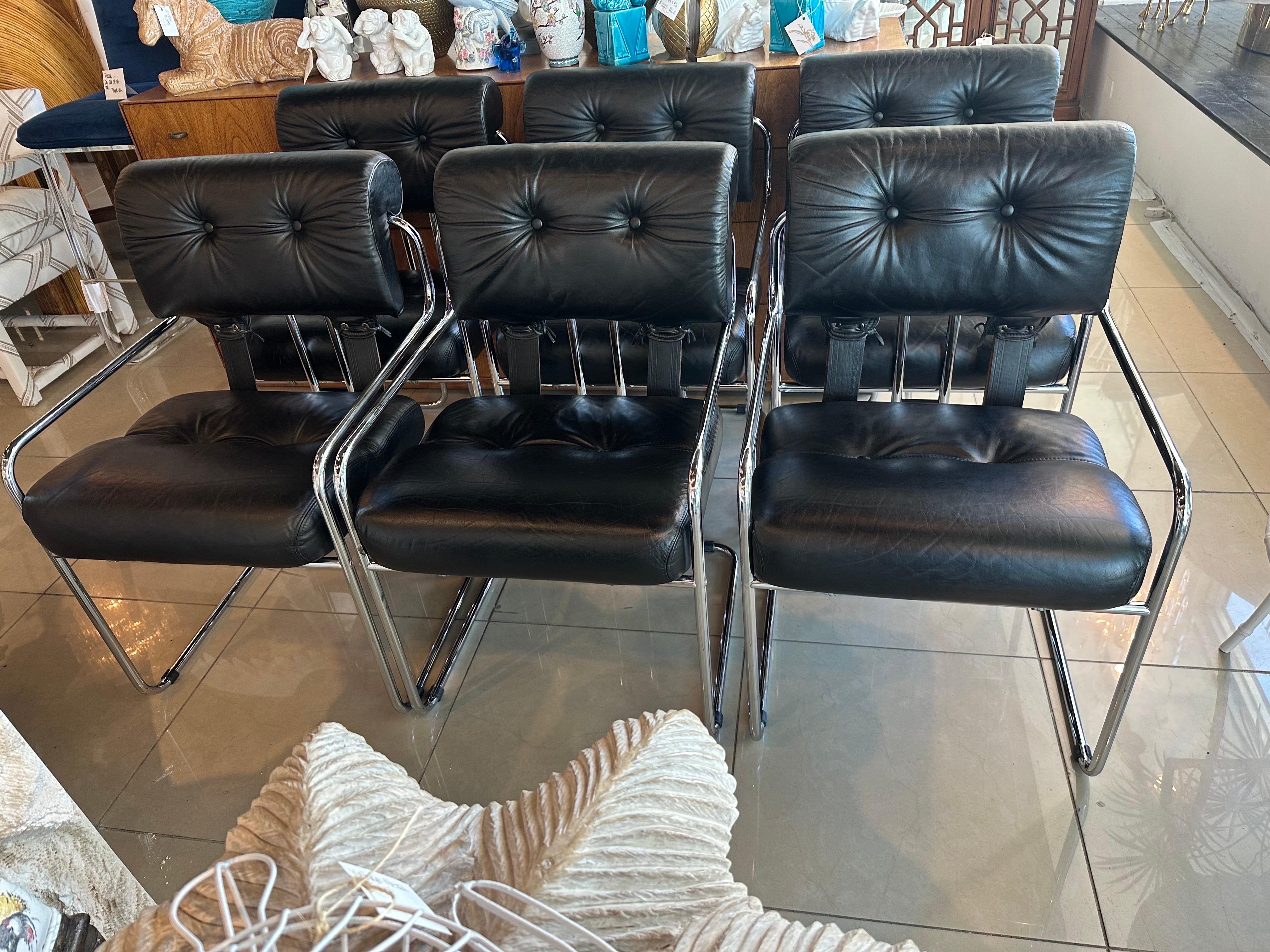 Mid-Century Modern Set 6 1970s Guido Faleschini Tucroma Pace i4 Mariana Black Leather Dining Chairs