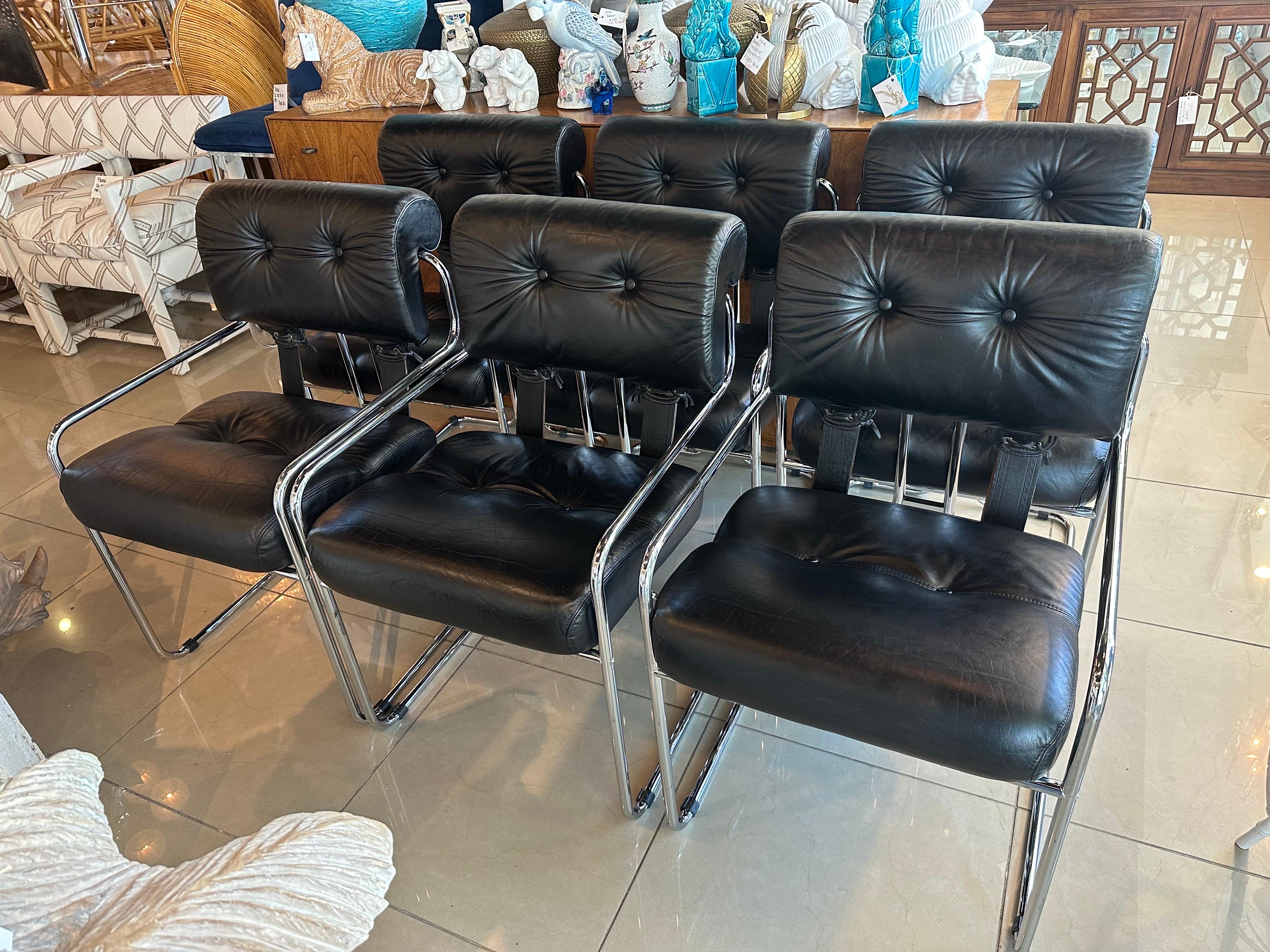Italian Set 6 1970s Guido Faleschini Tucroma Pace i4 Mariana Black Leather Dining Chairs