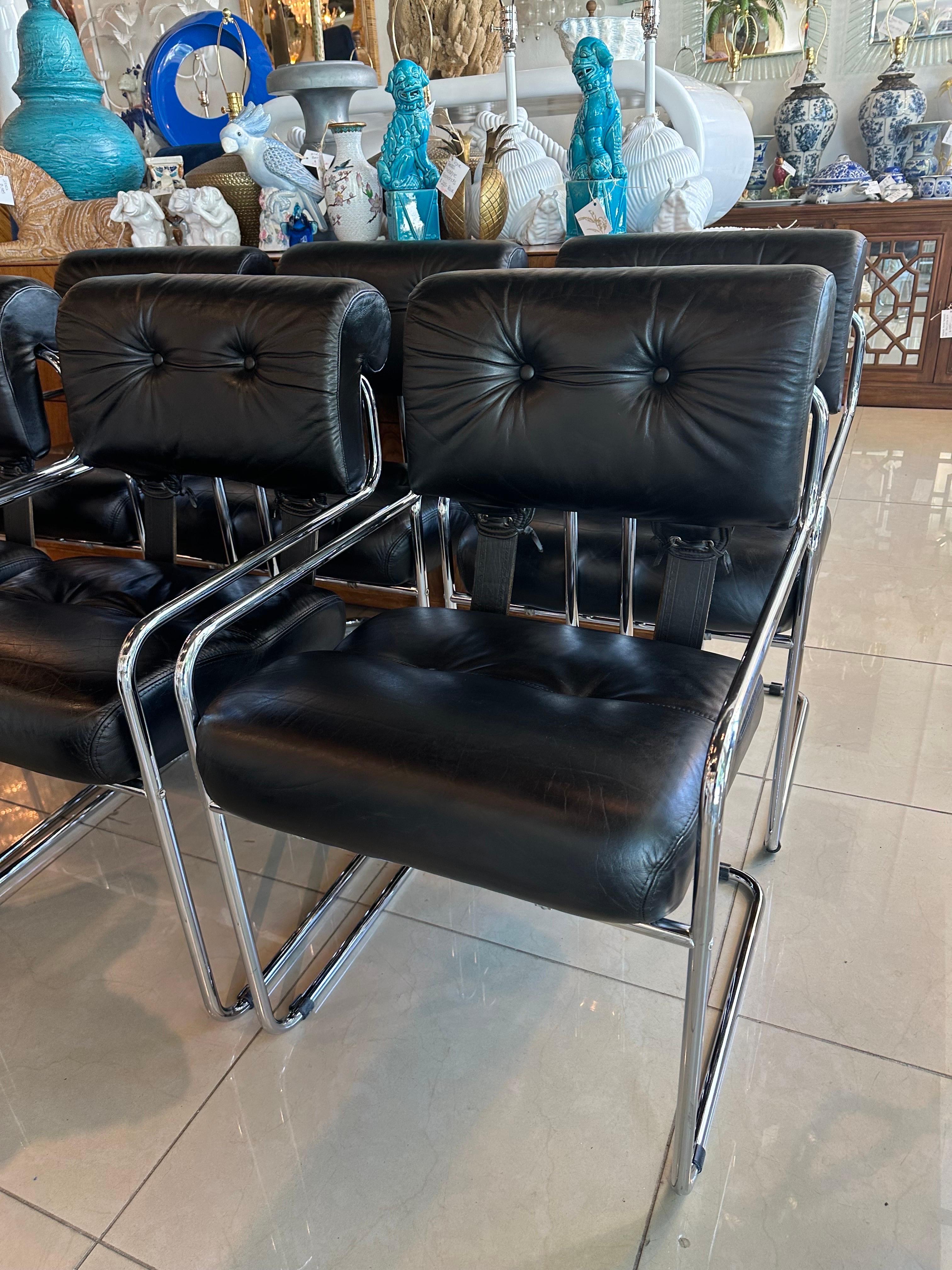 Set 6 1970s Guido Faleschini Tucroma Pace i4 Mariana Black Leather Dining Chairs In Good Condition In West Palm Beach, FL