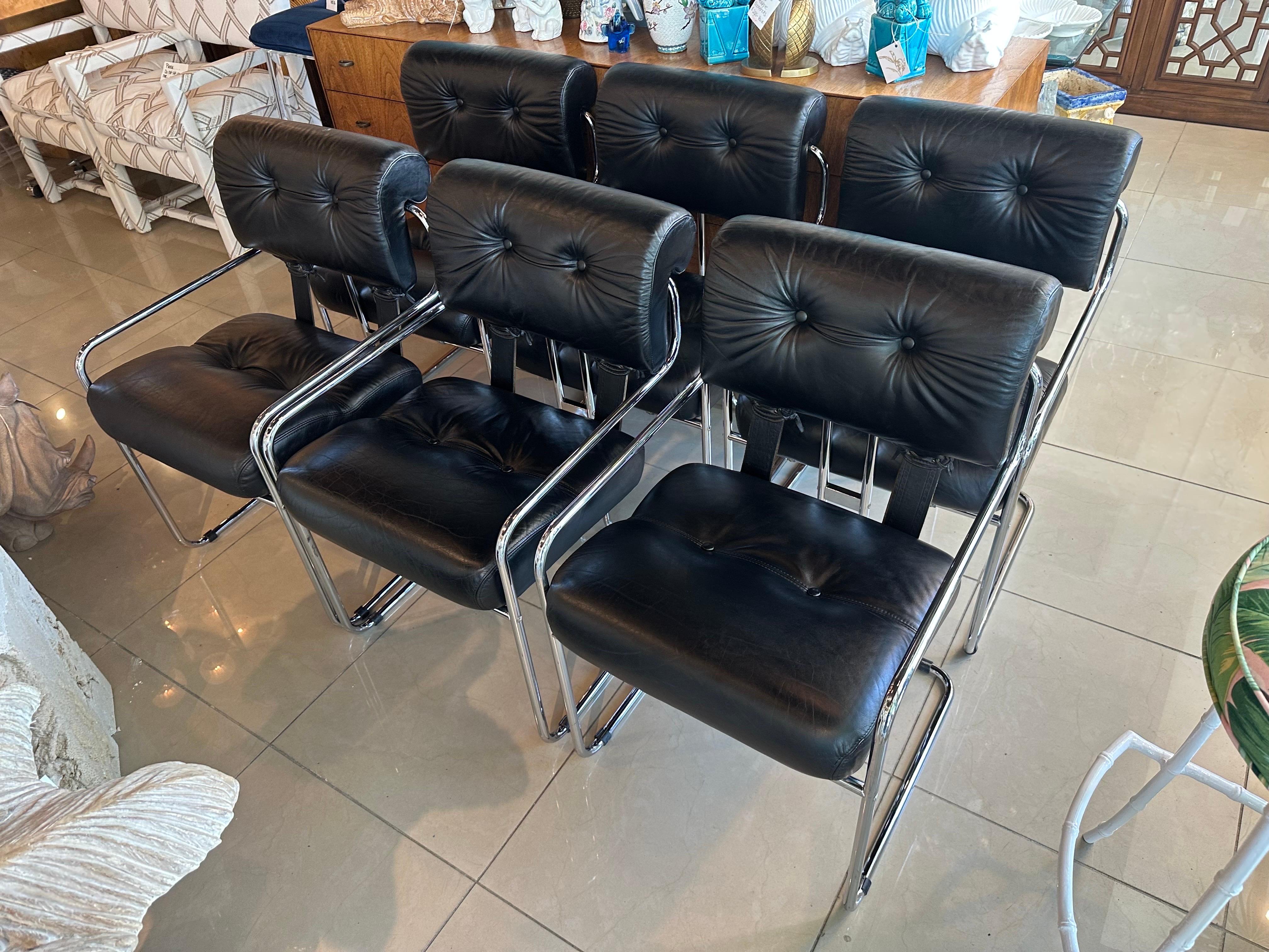 Set 6 1970s Guido Faleschini Tucroma Pace i4 Mariana Black Leather Dining Chairs 1