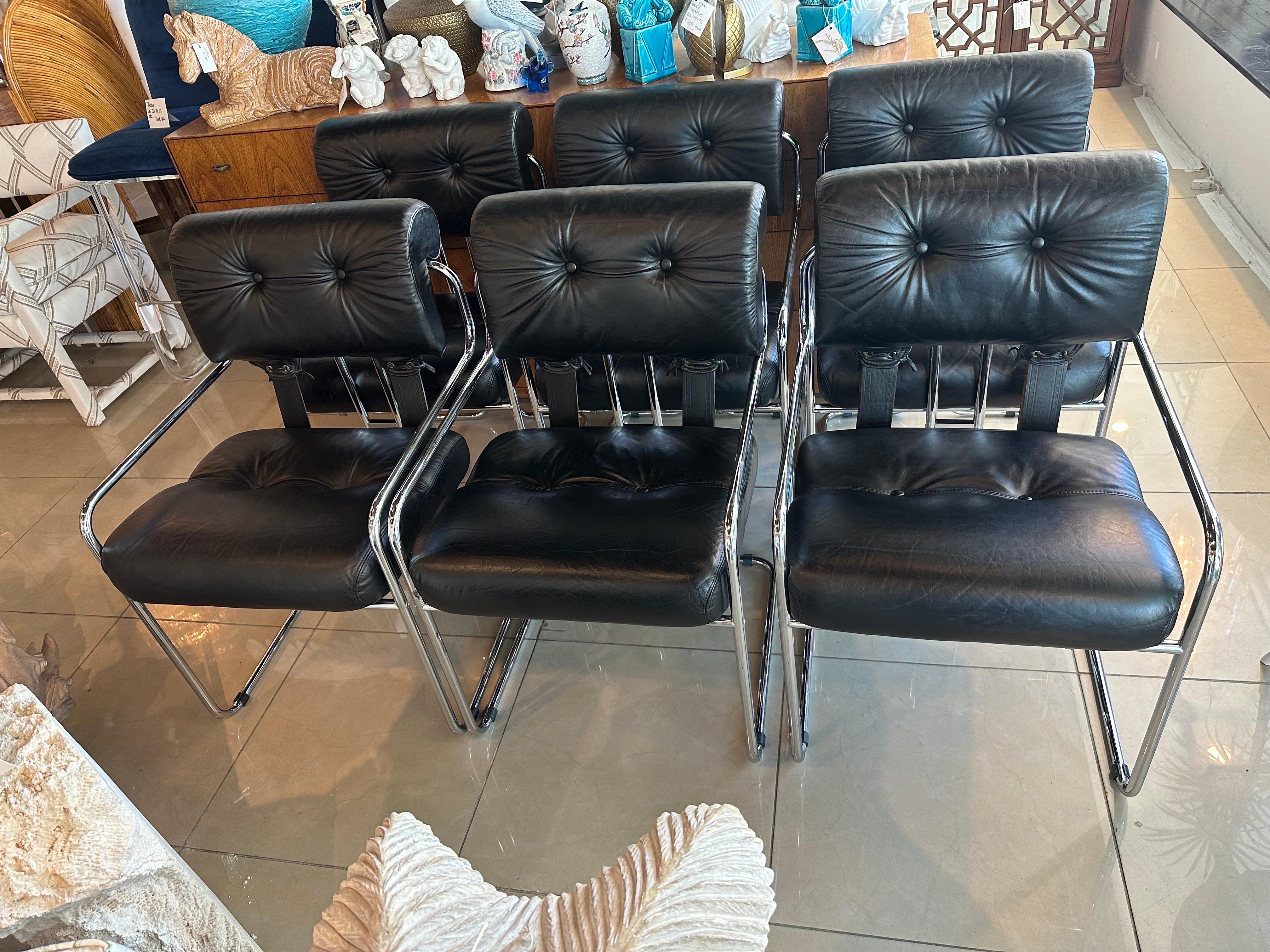 Set 6 1970s Guido Faleschini Tucroma Pace i4 Mariana Black Leather Dining Chairs 3