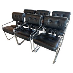 Vintage Set 6 1970s Guido Faleschini Tucroma Pace i4 Mariana Black Leather Dining Chairs