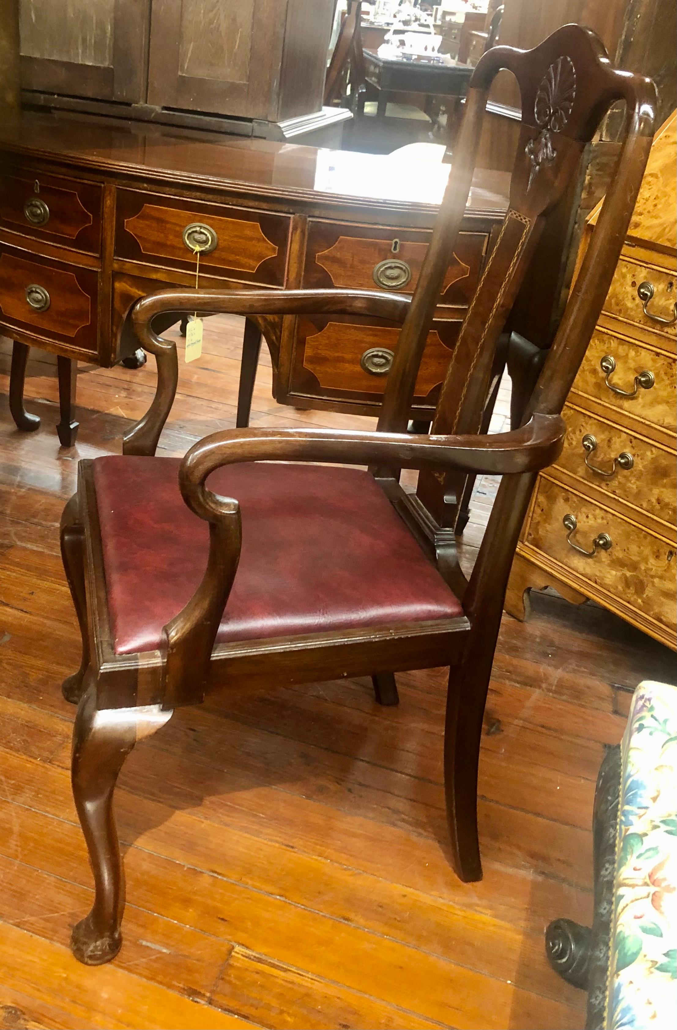 Hand-Crafted Set 6 '4+2' Antique English Inlaid Mahogany Queen Anne Style Dining Chairs For Sale
