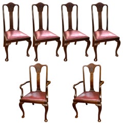 Set 6 '4+2' Antique English Inlaid Mahogany Queen Anne Style Dining Chairs